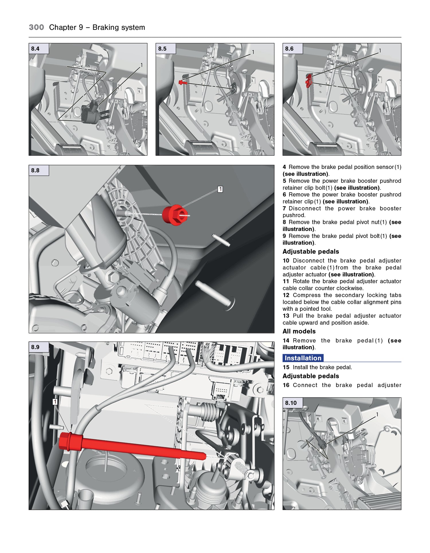Technical diagram of a braking system with labeled steps and illustrations.