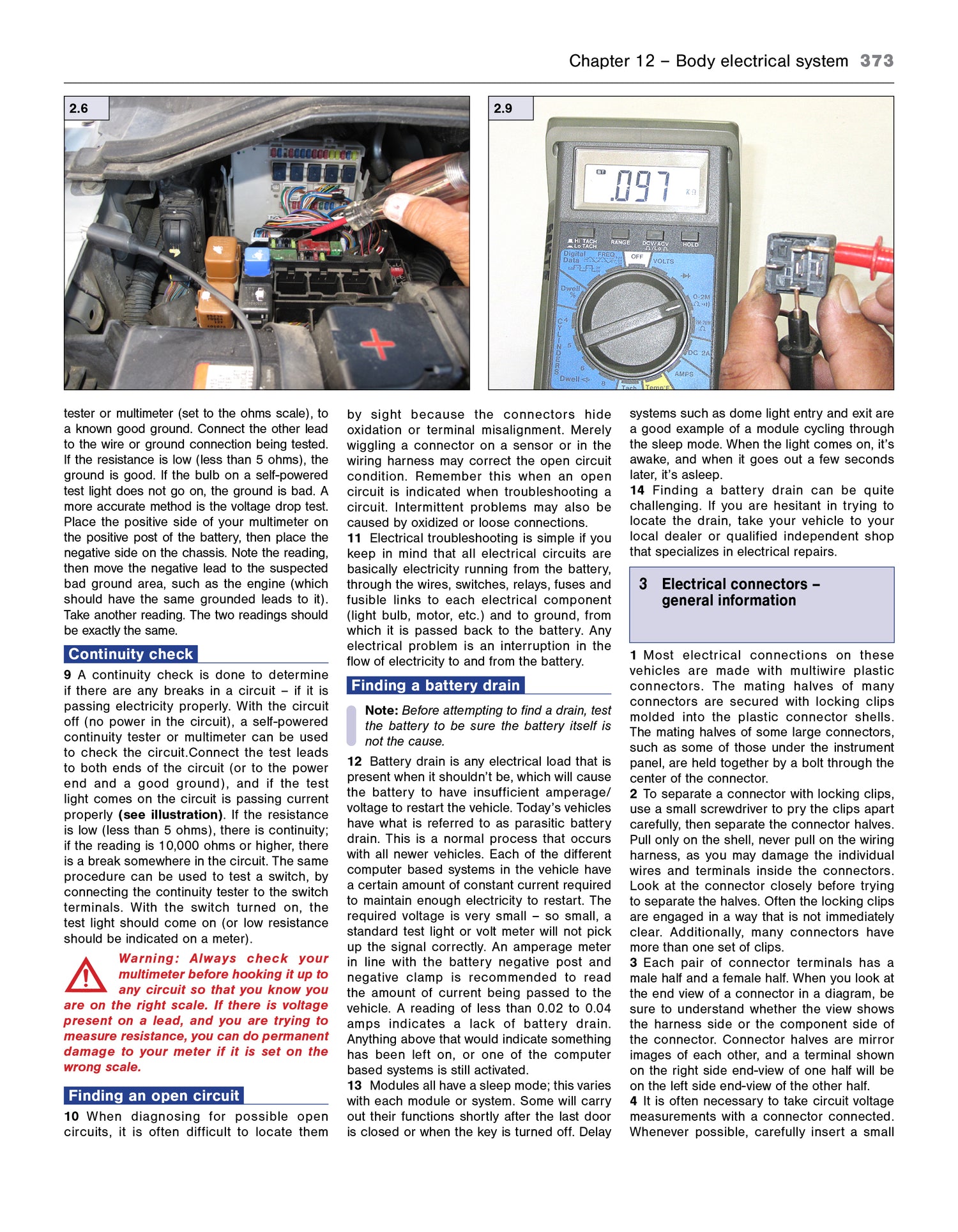 Page from a book or manual on automotive electrical systems with text, diagrams, and images of a multimeter.