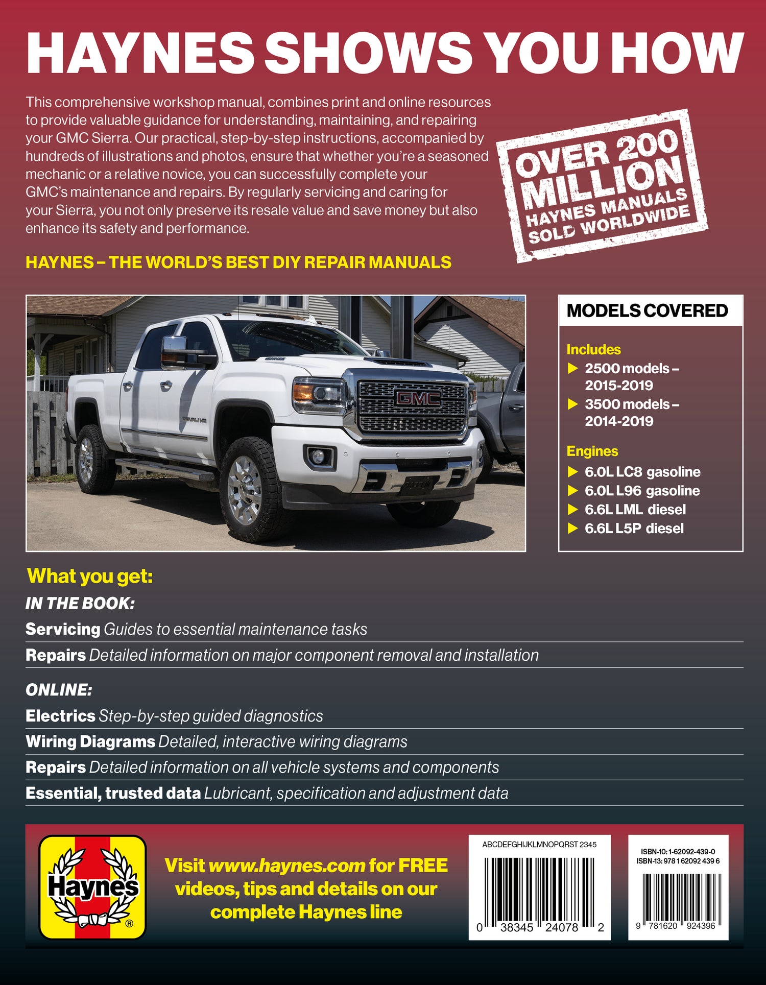 Haynes automotive repair manual cover with a white pickup truck and promotional text.