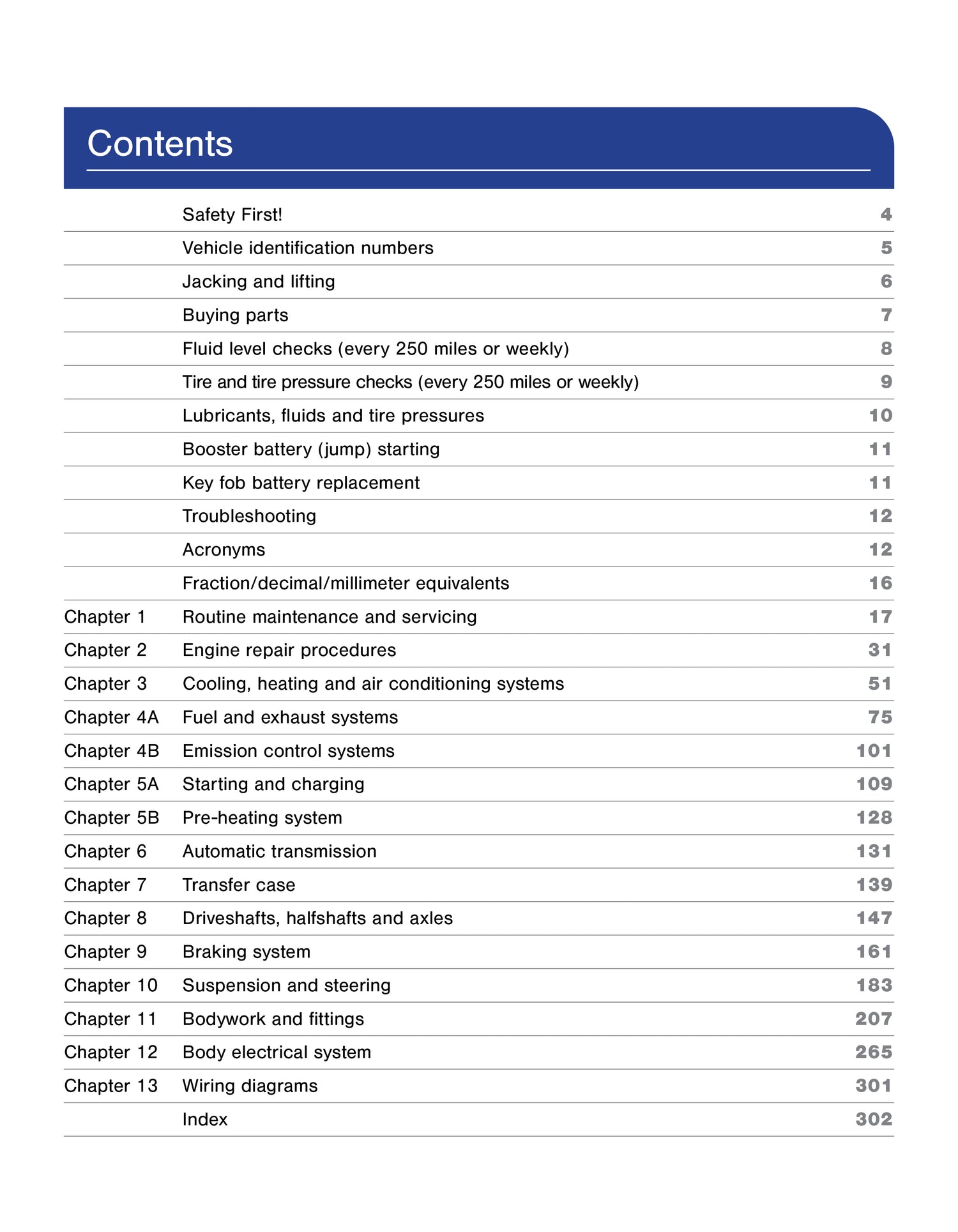 Table of contents for a vehicle maintenance manual on a white background