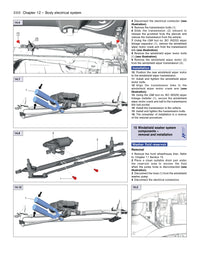 Technical diagram of a vehicle's windshield wiper system with labeled parts and steps.