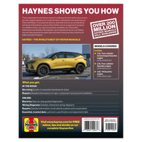 Back cover of a Haynes automotive repair manual with a yellow SUV and text about the manual's features.