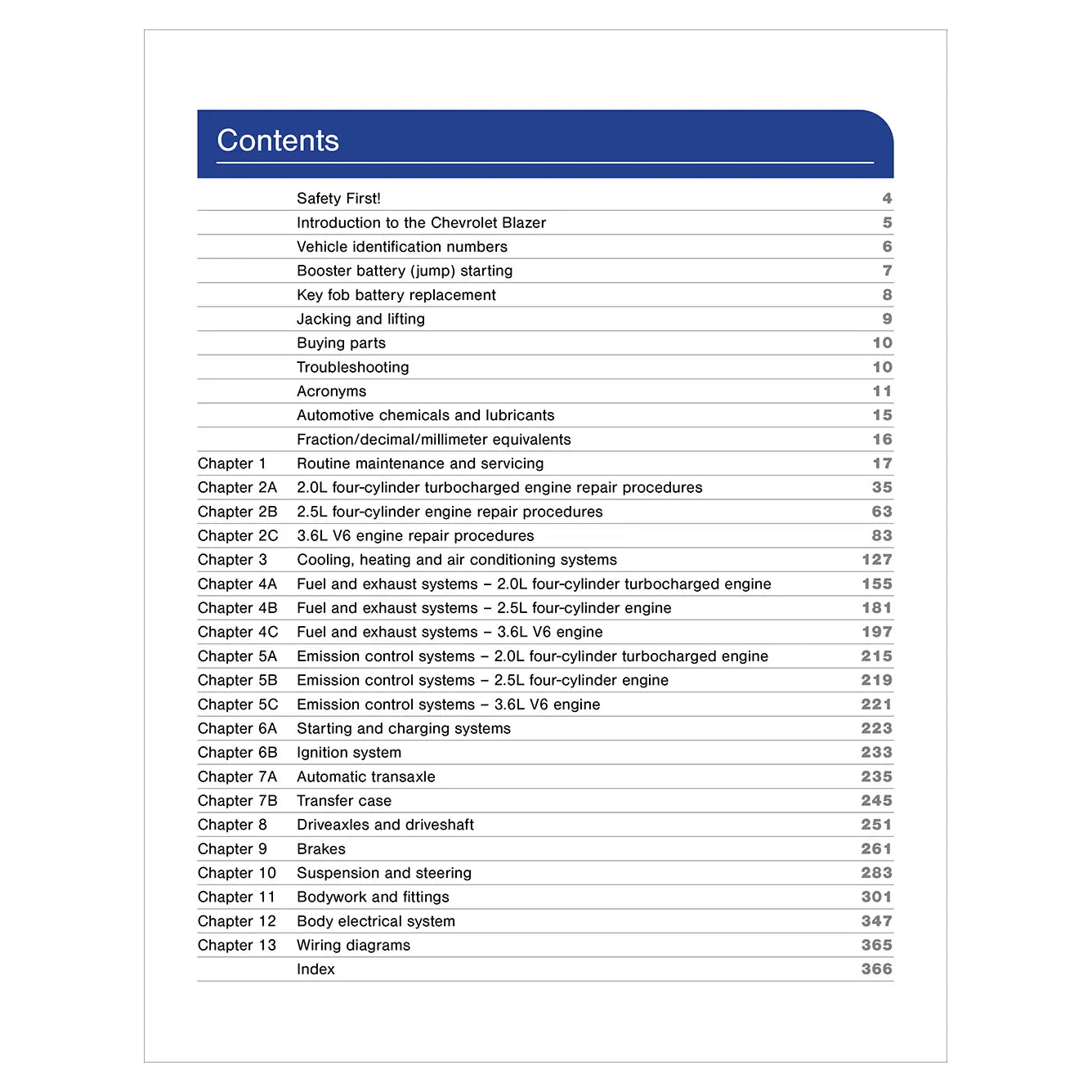 Table of contents for a automotive repair manual on a white background