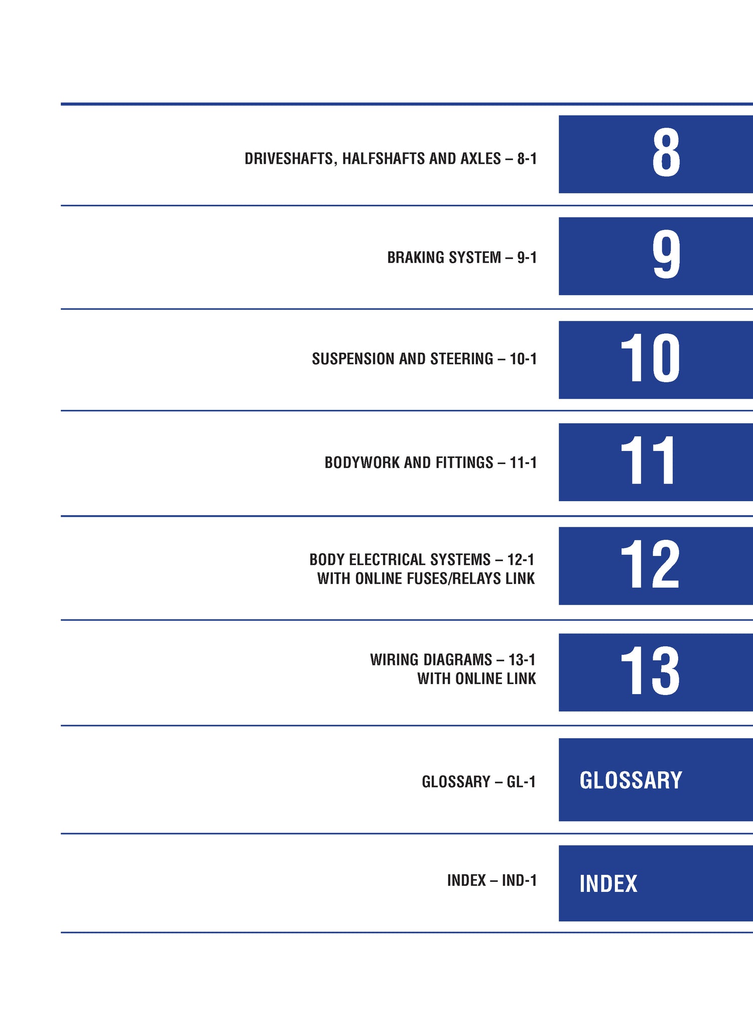 Table of contents with blue and white design on a white background