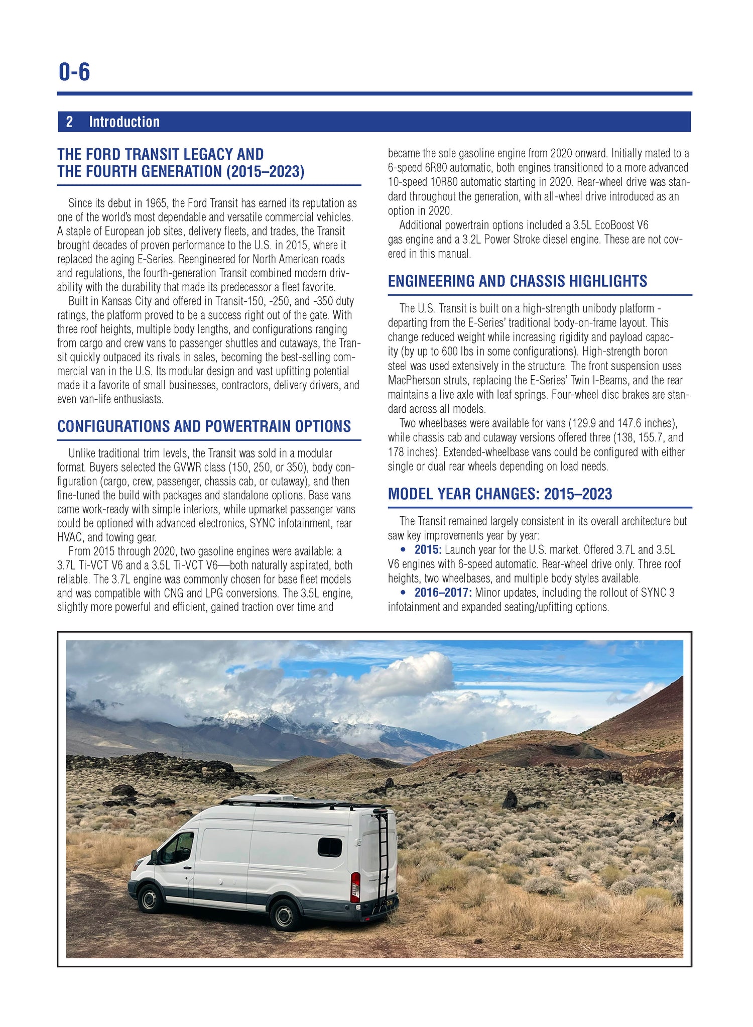 Page from a book or document about the Ford Transit Legacy and fourth generation, with text and a photo of a white van in a desert landscape.