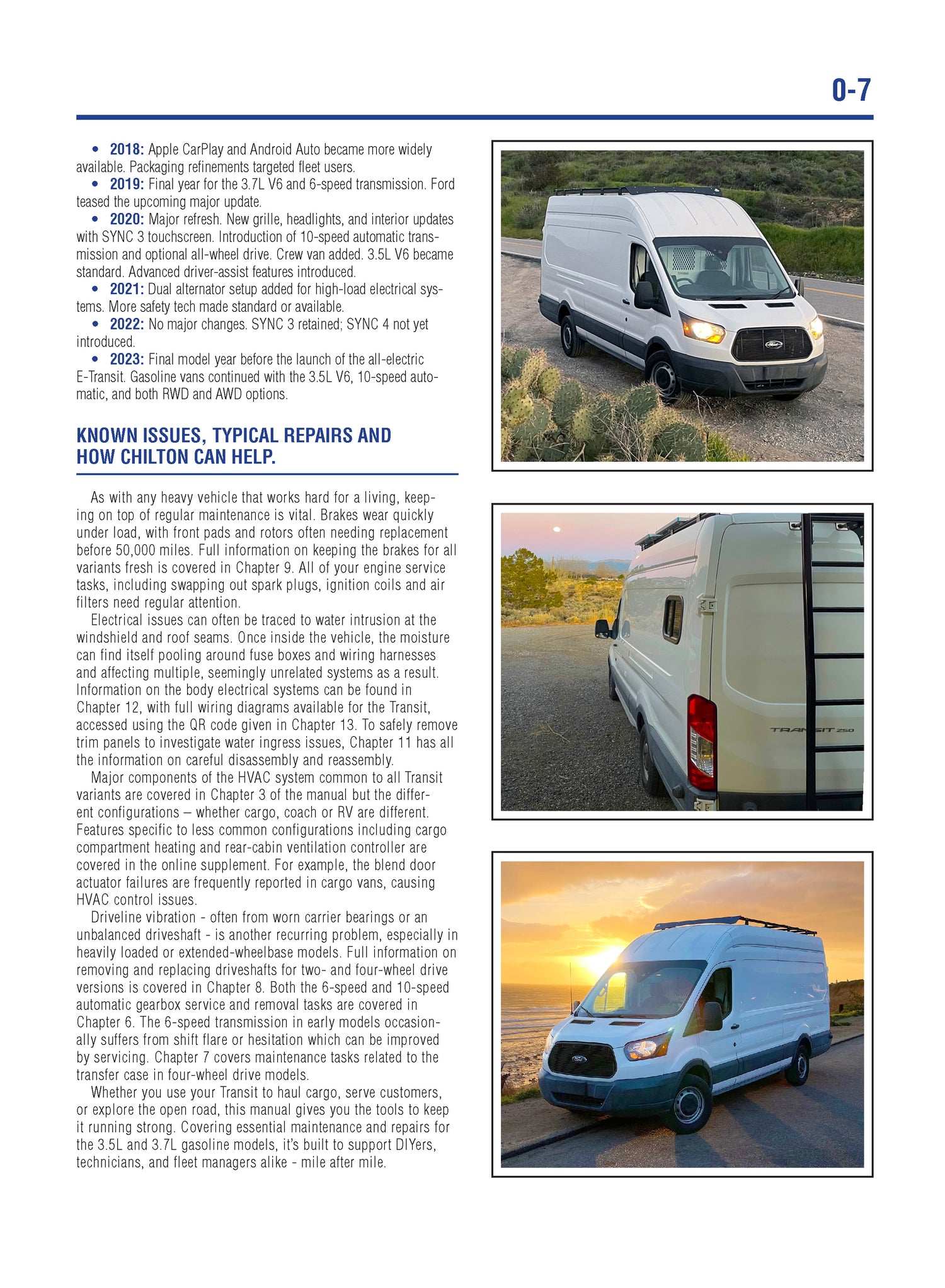 Page from a manual or guide featuring images of vans and text about vehicle features and issues.