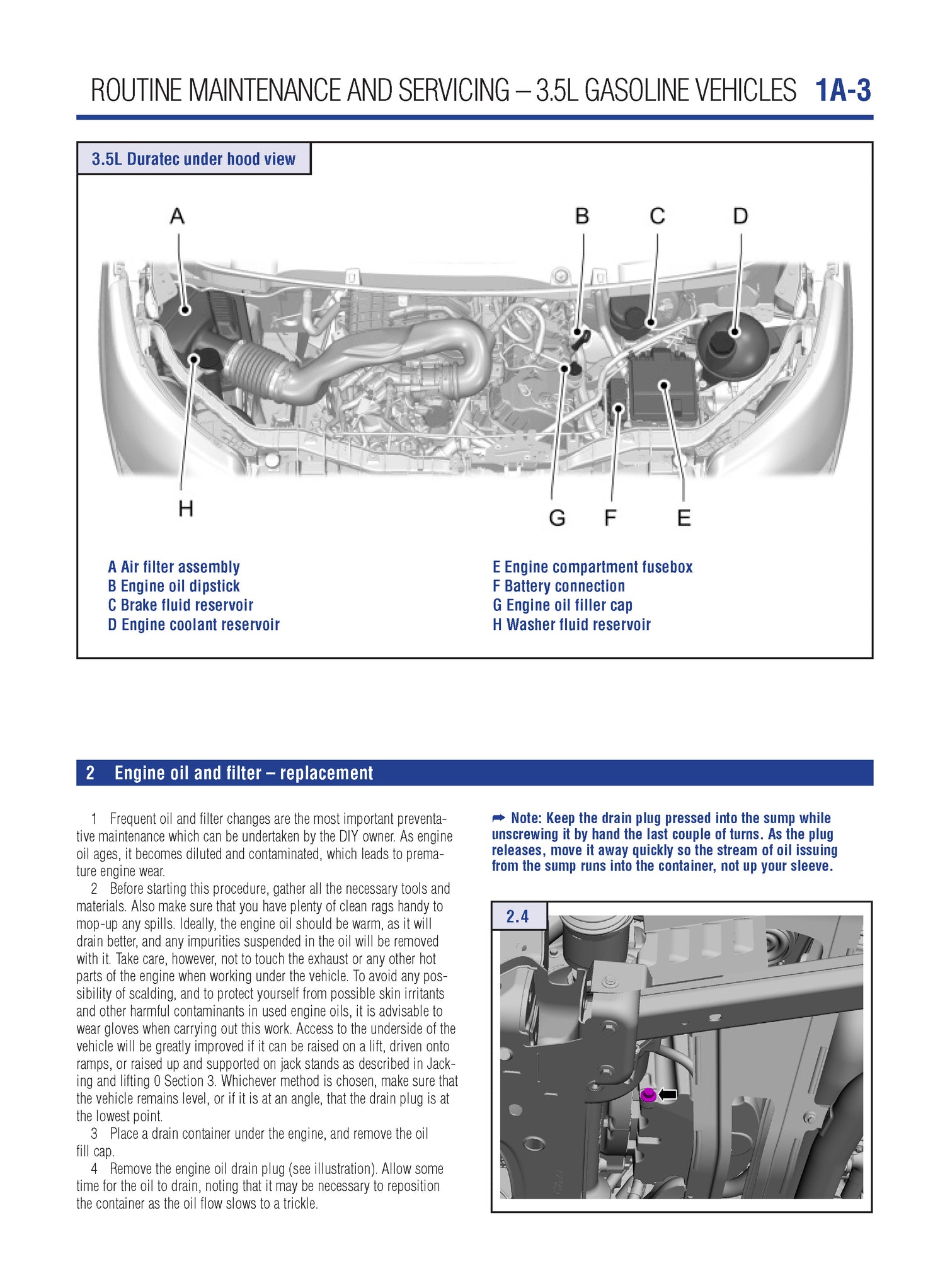 Maintenance and servicing manual for 3.5L gasoline vehicles with diagram and text.