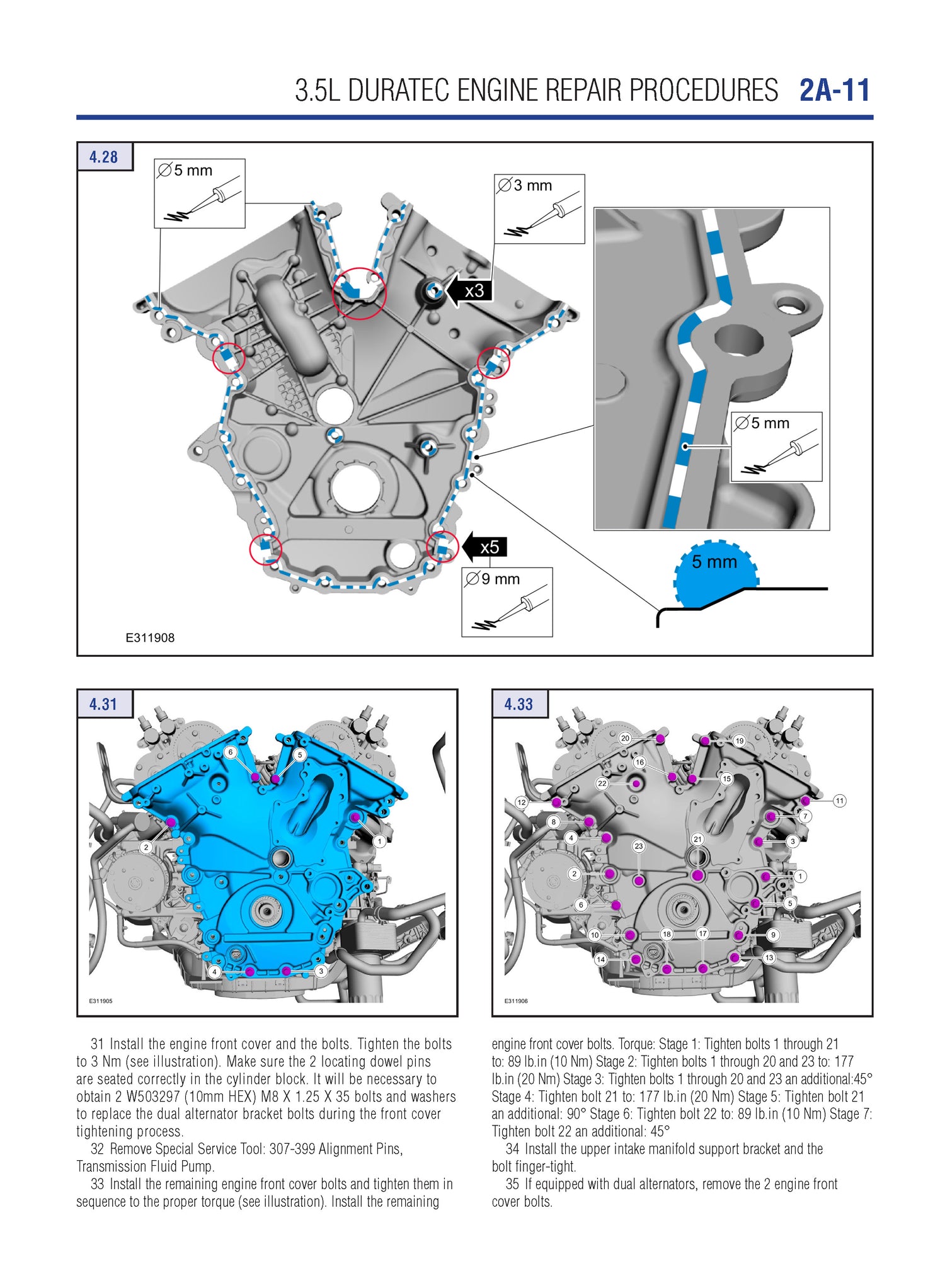 Technical diagram of a 3.5L Duratec engine repair procedure with labeled parts and measurements.