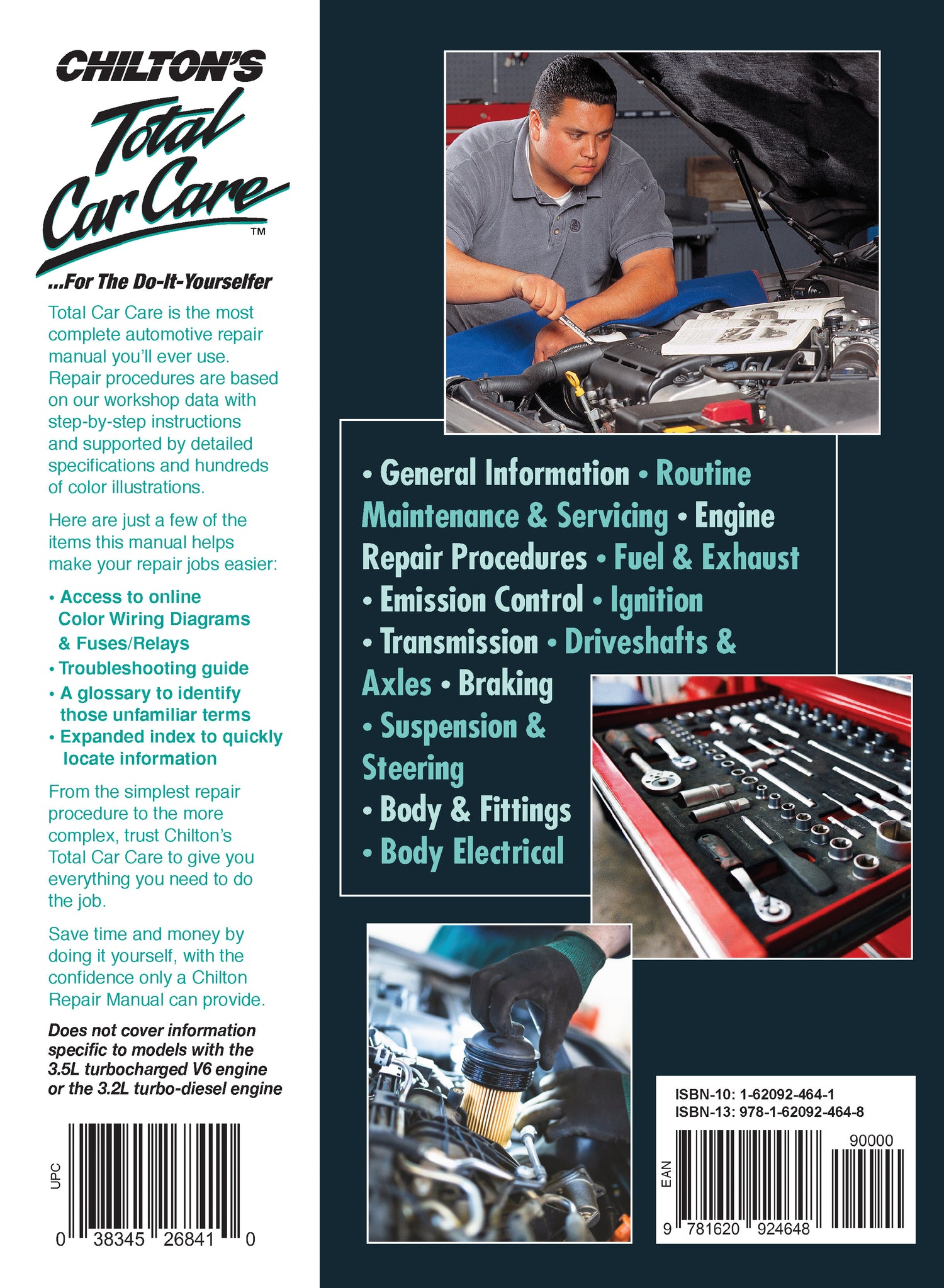 Back cover of a Chilton's Total Car Care manual with a person working on a car and tool images.