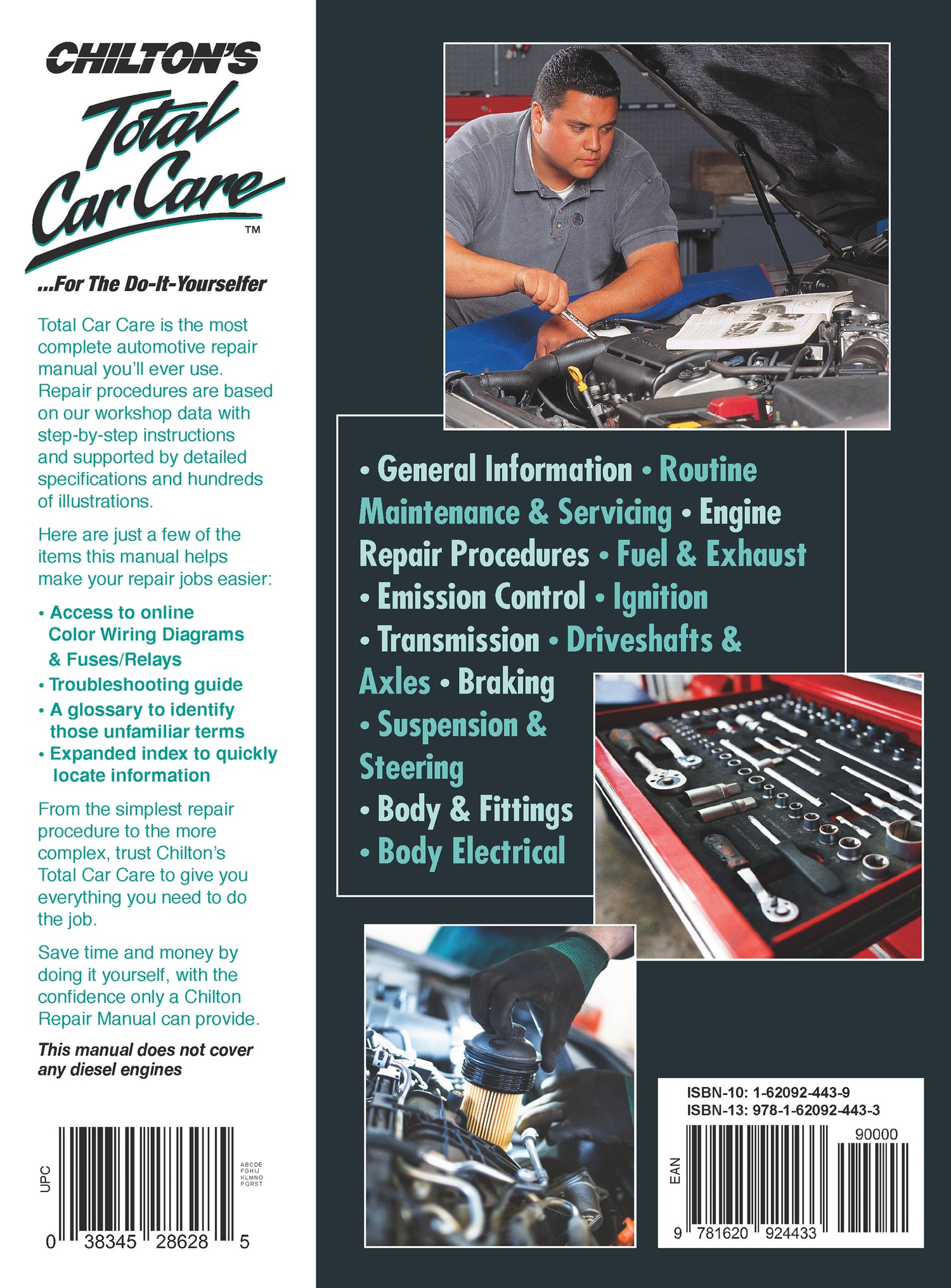 Back cover of a Chilton's Total Car Care manual with images of a person working on a car and text about the book's contents.