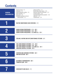 Table of contents for a vehicle maintenance manual with blue and white sections.
