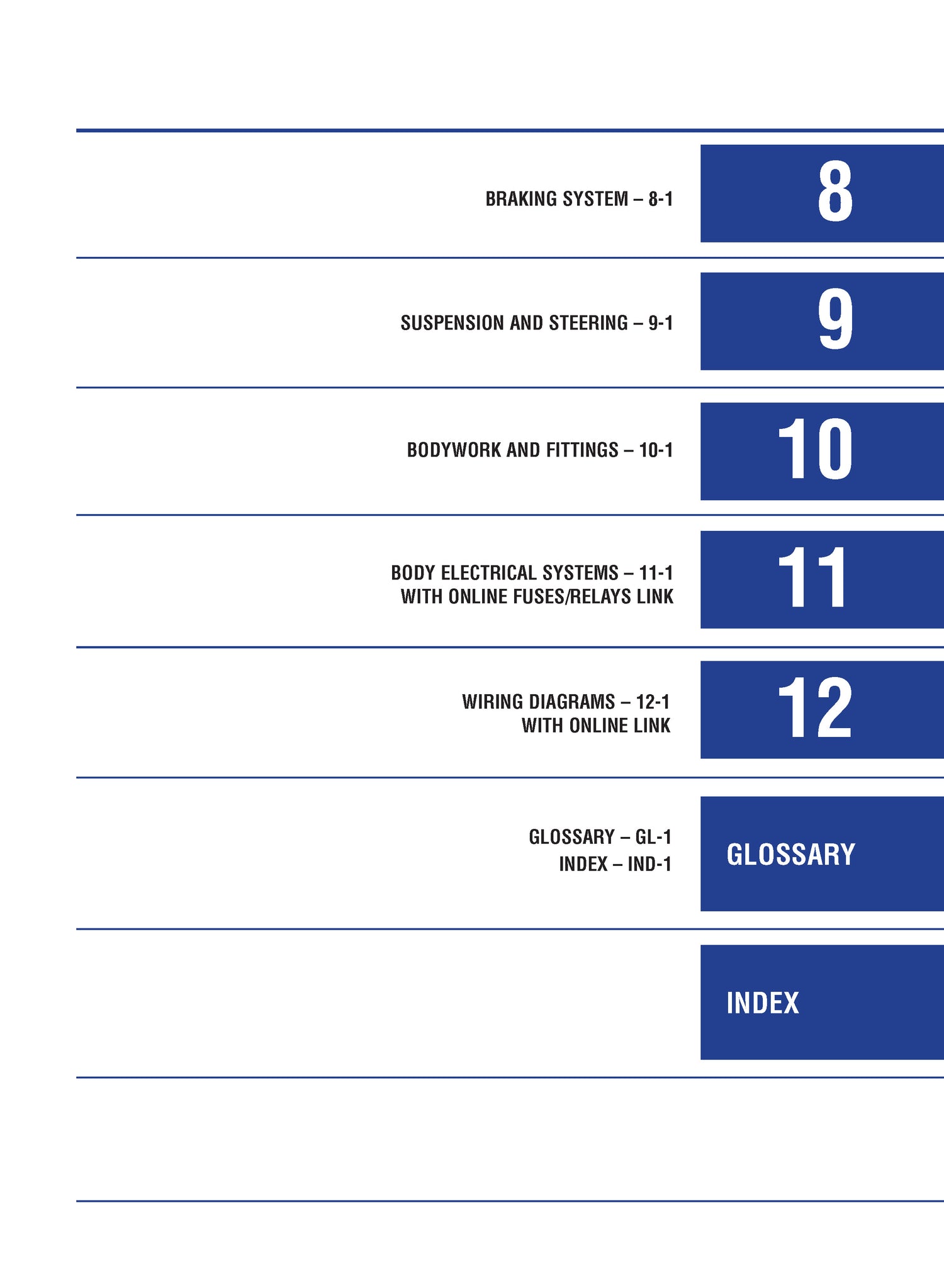 Table of contents with blue section titles on a white background