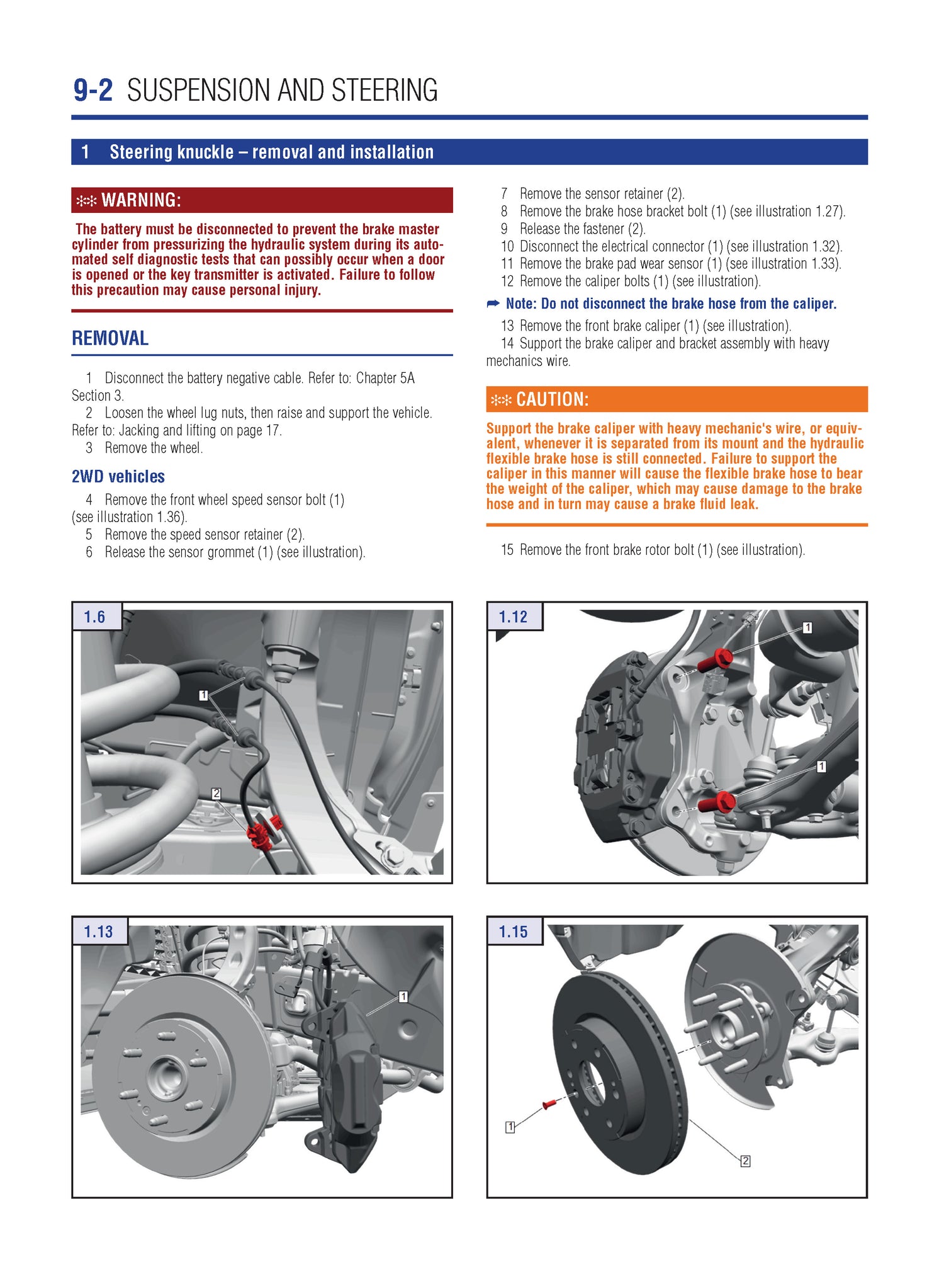 Technical manual page on suspension and steering with step-by-step instructions and diagrams.