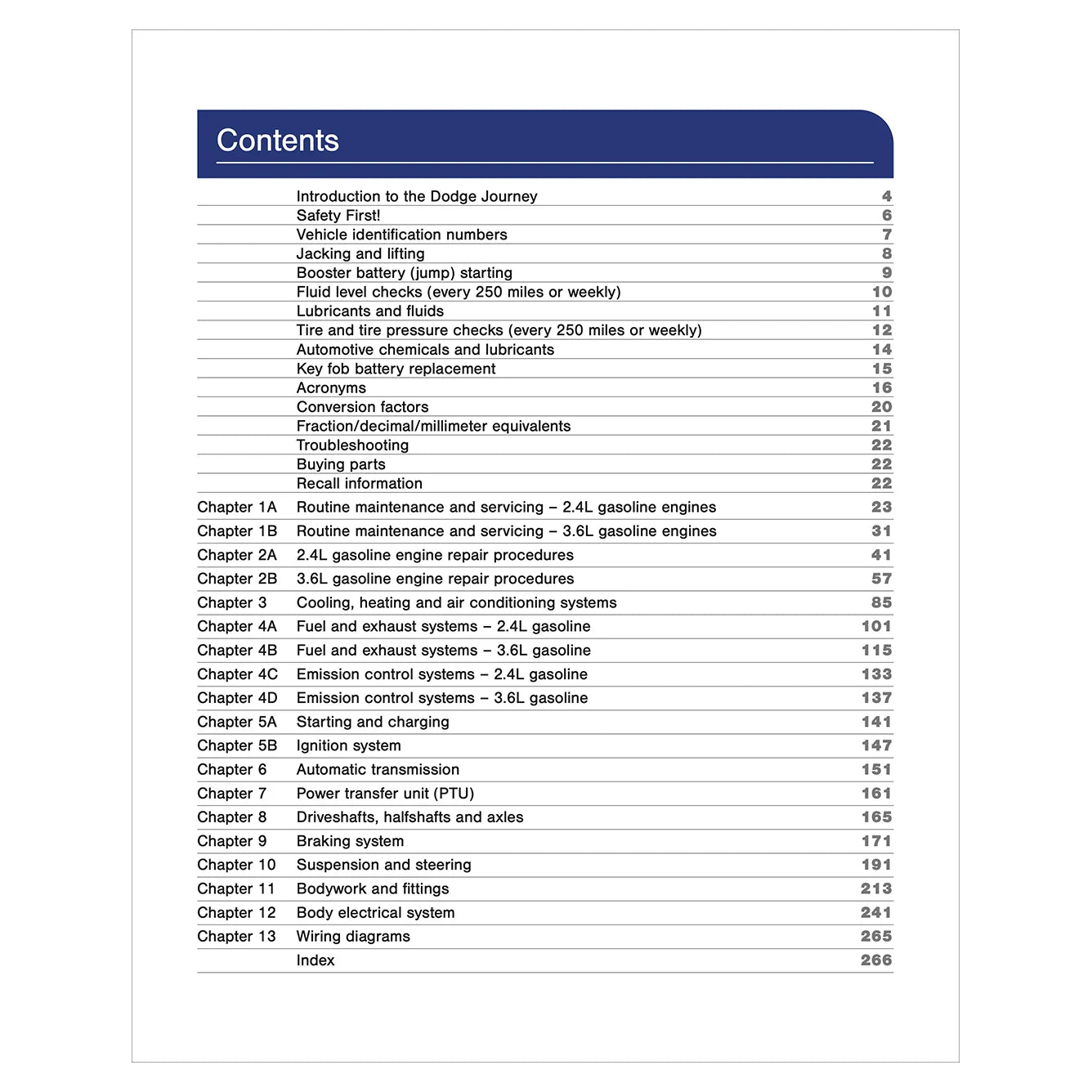 Table of contents for a vehicle maintenance manual on a white background
