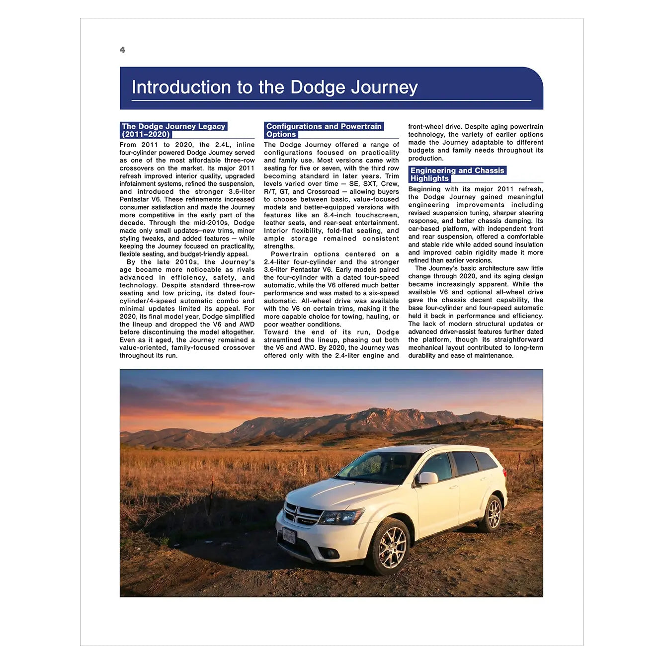 Page from a book or magazine with a white Dodge Journey SUV on a mountain landscape.