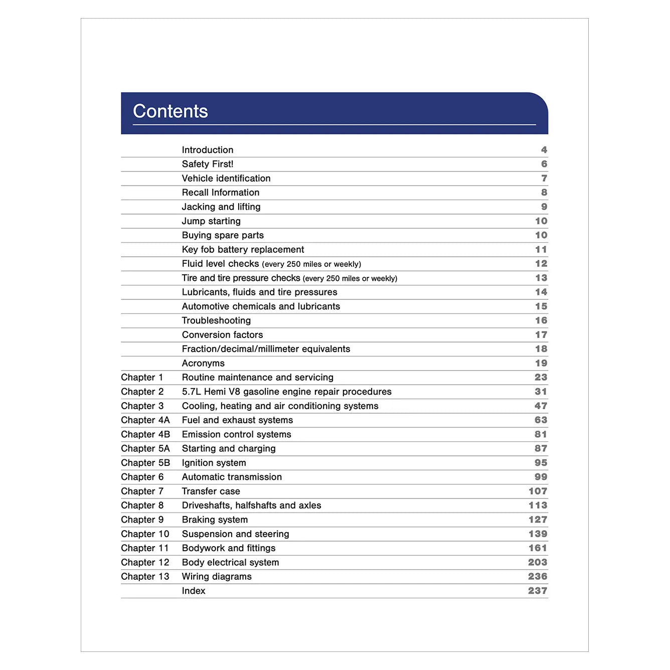 Table of contents for a vehicle maintenance manual on a white background