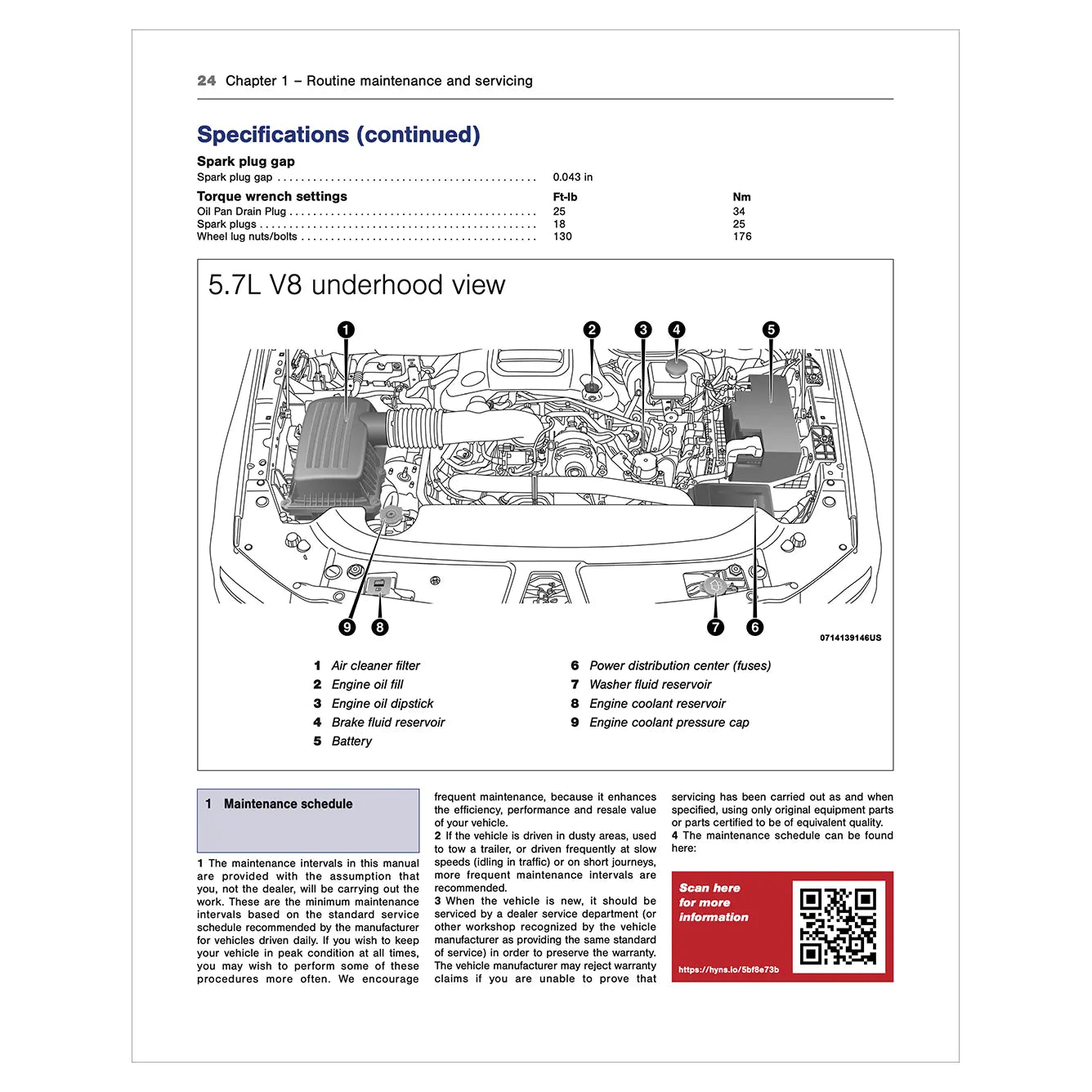 Technical diagram of a 5.7L V8 engine underhood view with specifications and labels.