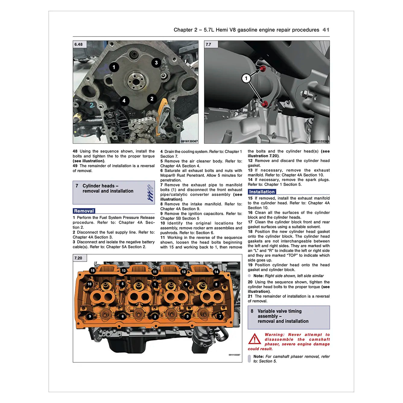 Technical manual page with engine repair instructions and diagrams