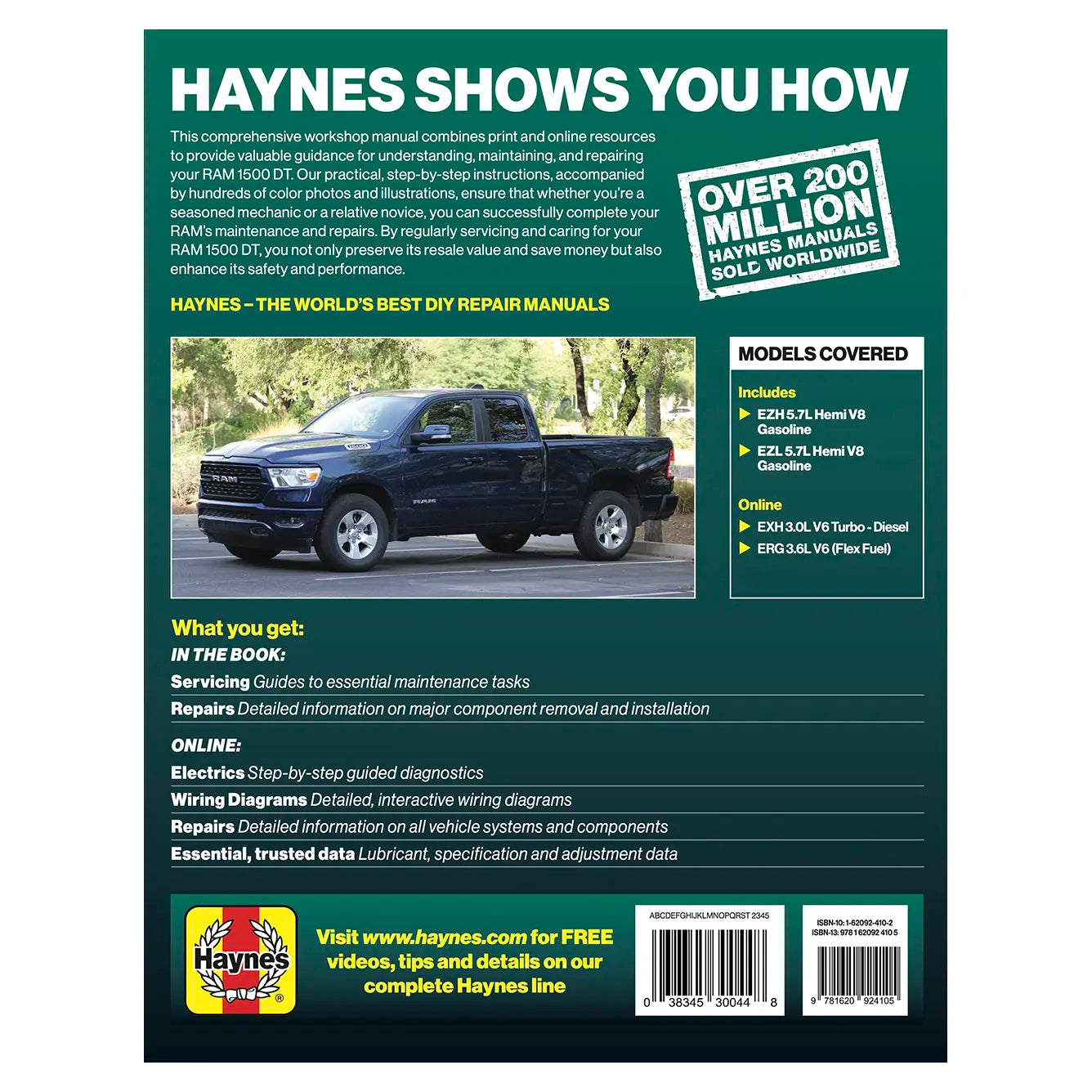 Back cover of a Haynes automotive repair manual with a truck image and product details.