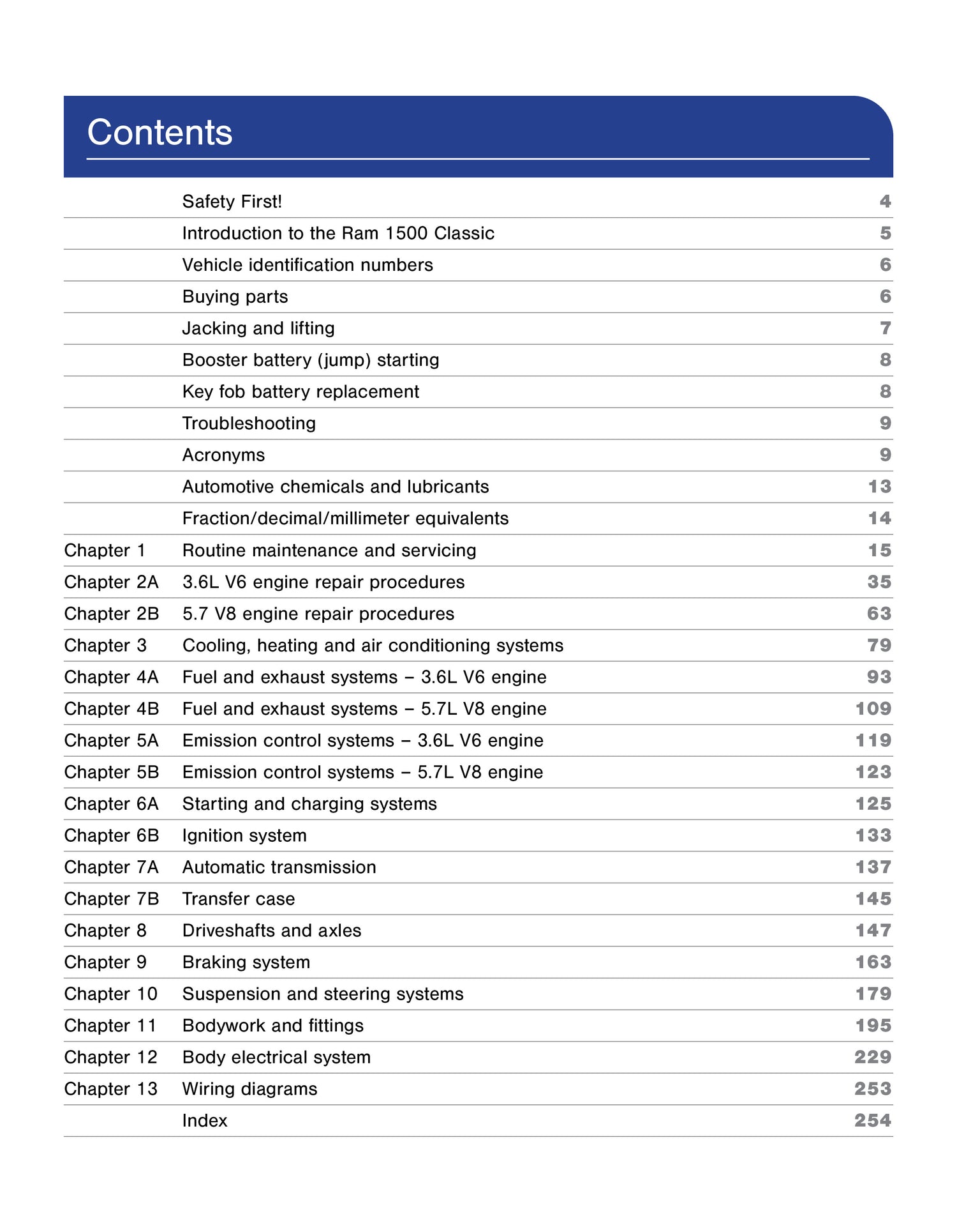 Table of contents for a vehicle repair manual on a white background