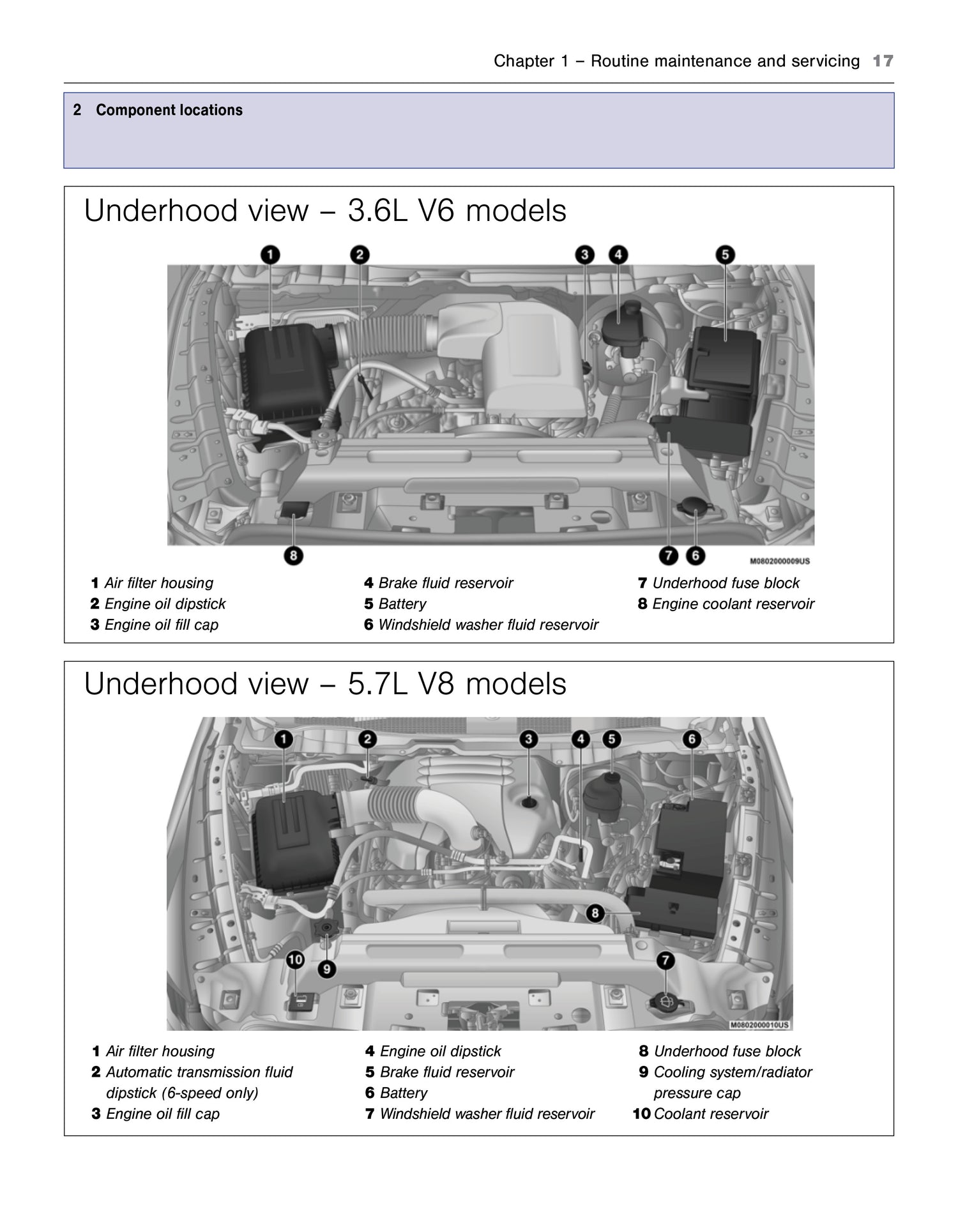 Underhood view diagram for 3.6L V6 and 5.7L V8 models with component labels.