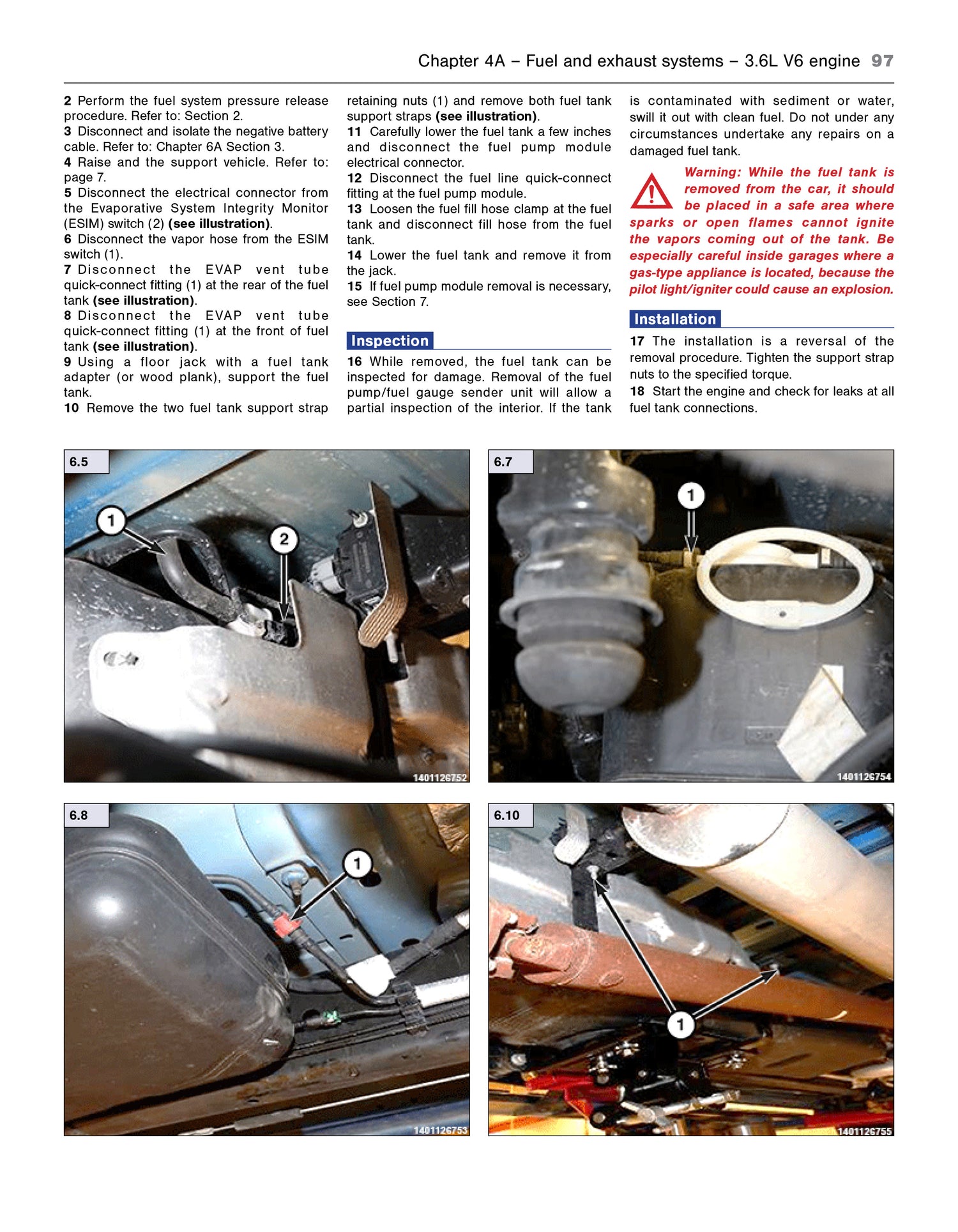 Technical manual page with illustrations and text on fuel and exhaust systems.