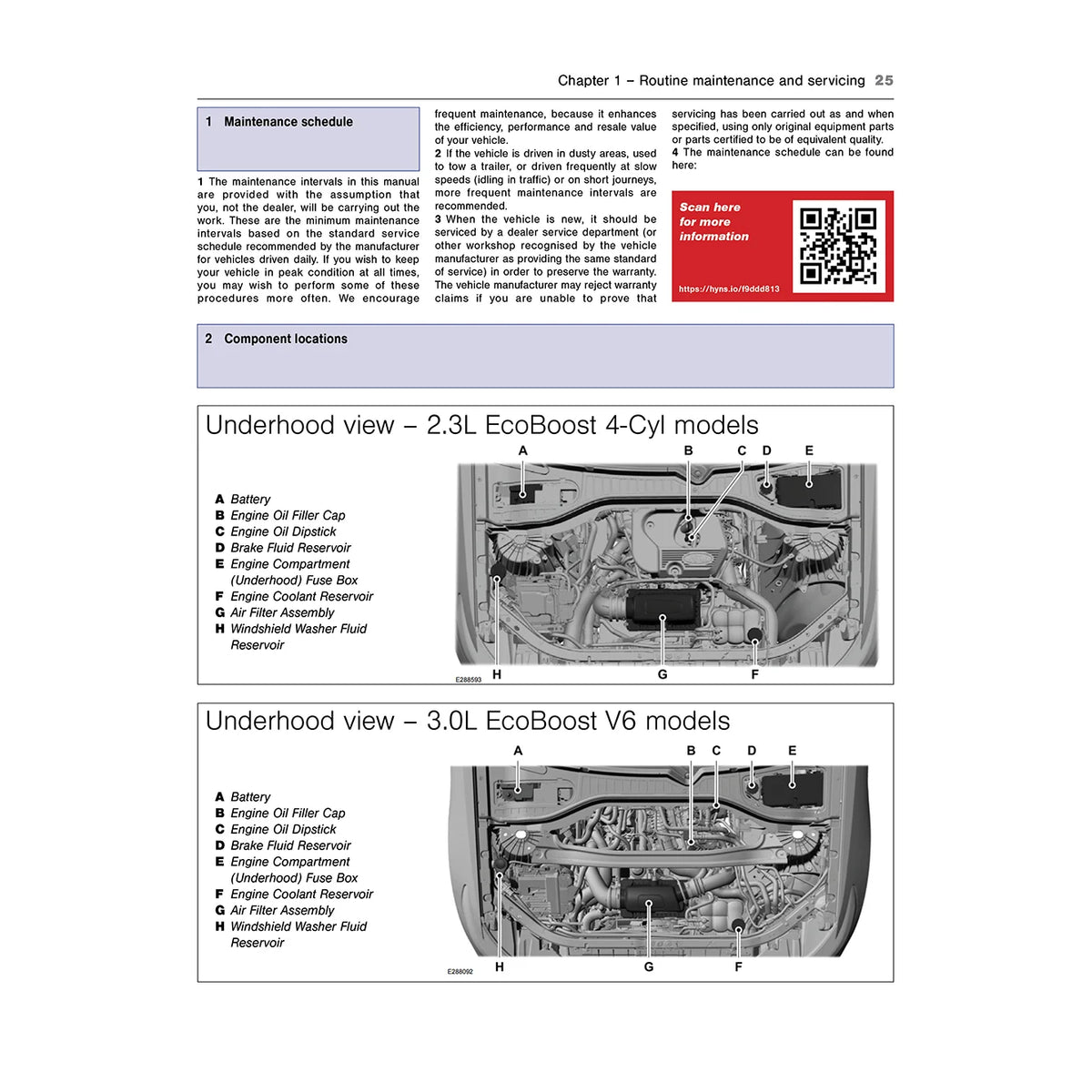 A printed maintenance and service information sheet showing two labeled underhood views for 2.3L EcoBoost 4-Cyl and 3.