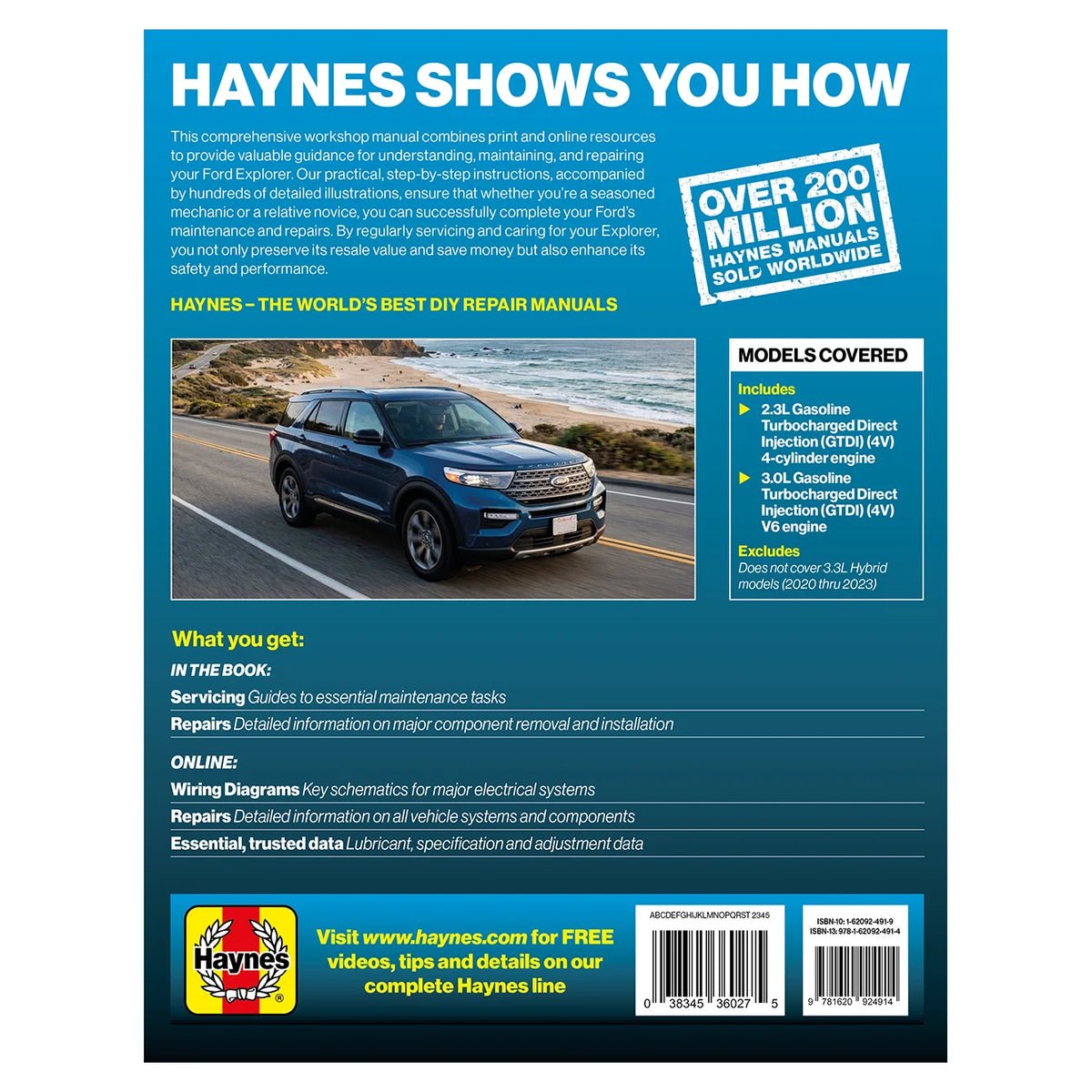 Back cover of Haynes workshop manual for a Ford Explorer, featuring a blue gradient background, a photo of a blue SUV on a road, text detailing what is included, a Haynes logo, and a barcode.