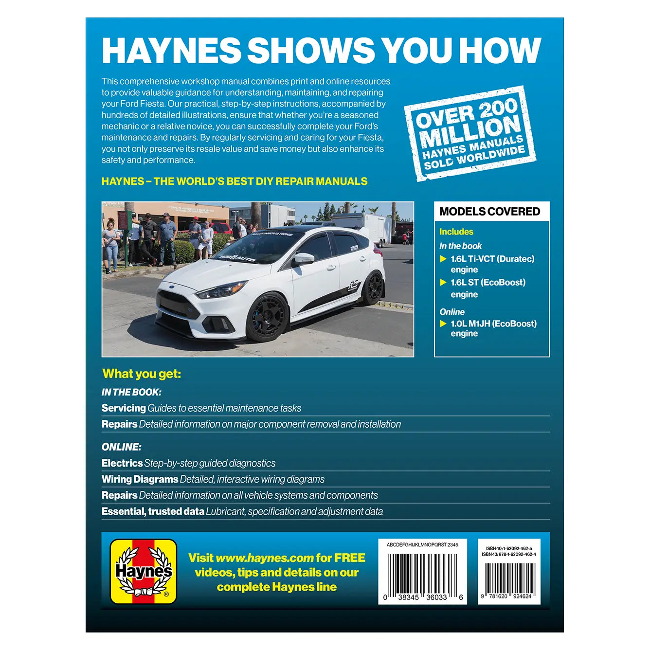 Back cover of a Haynes manual with a car image and product details.