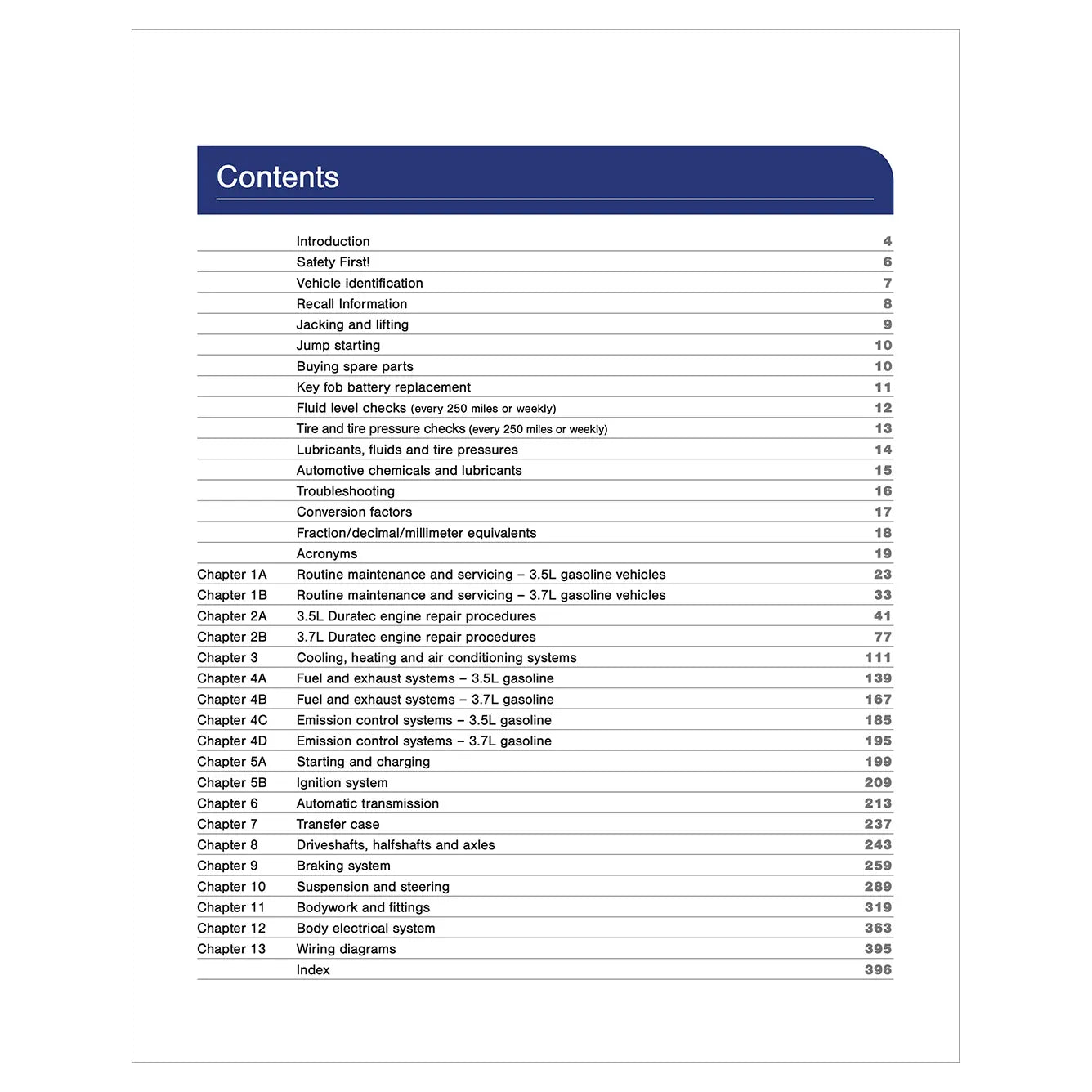 Table of contents for a vehicle maintenance manual on a white background