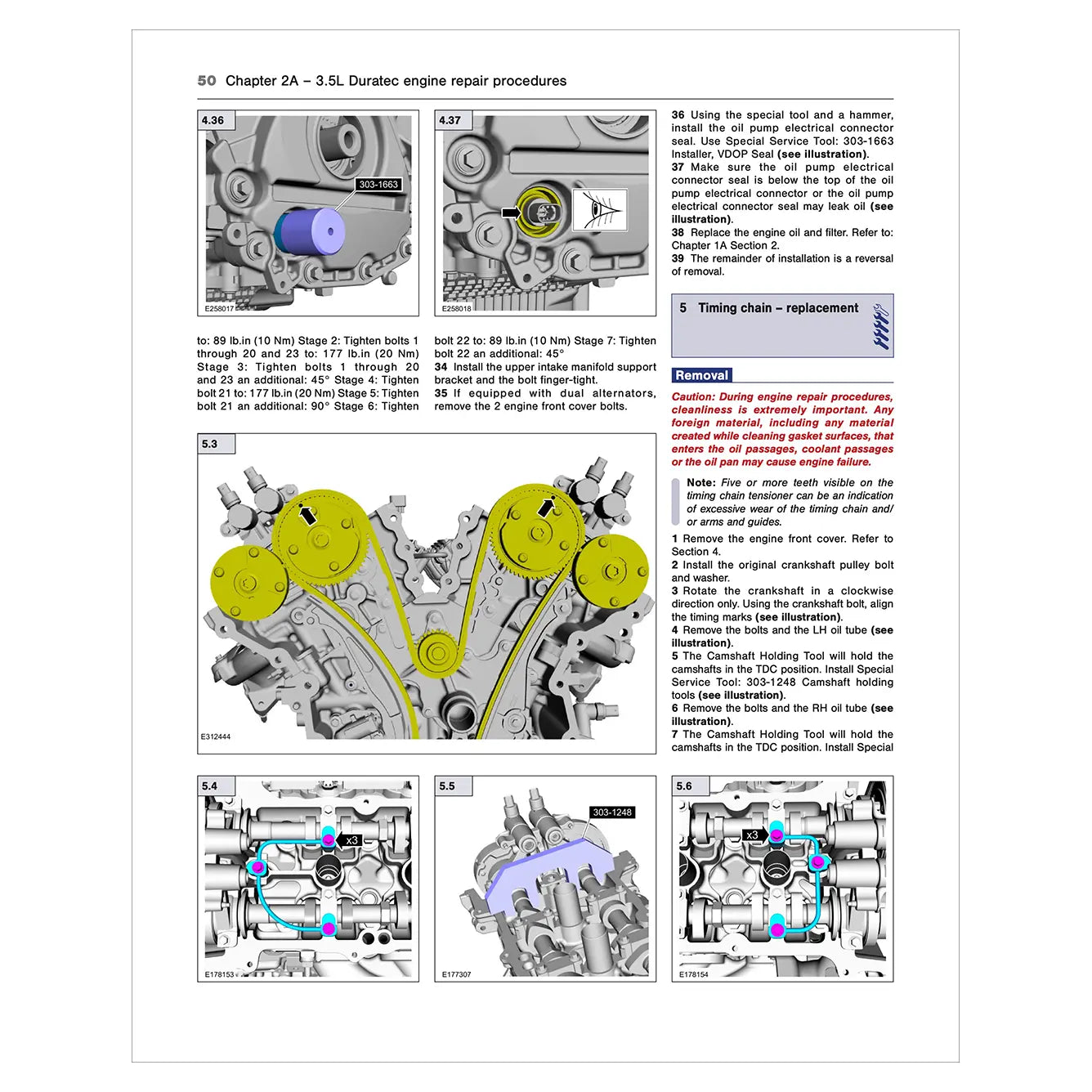 Technical diagram and text on engine repair procedures for a 3.5L Duratec engine.