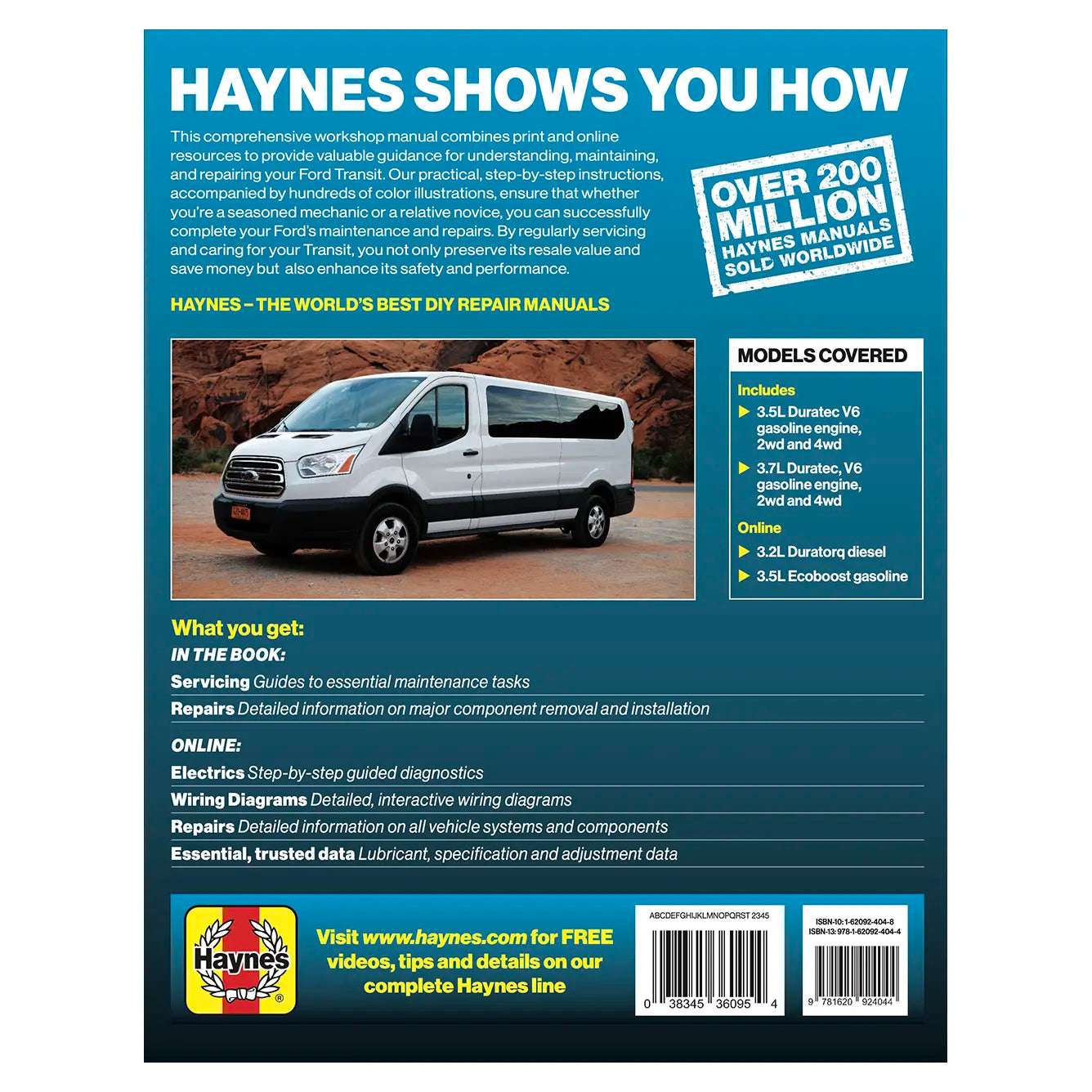 Back cover of a Haynes automotive repair manual with text and images of a van.