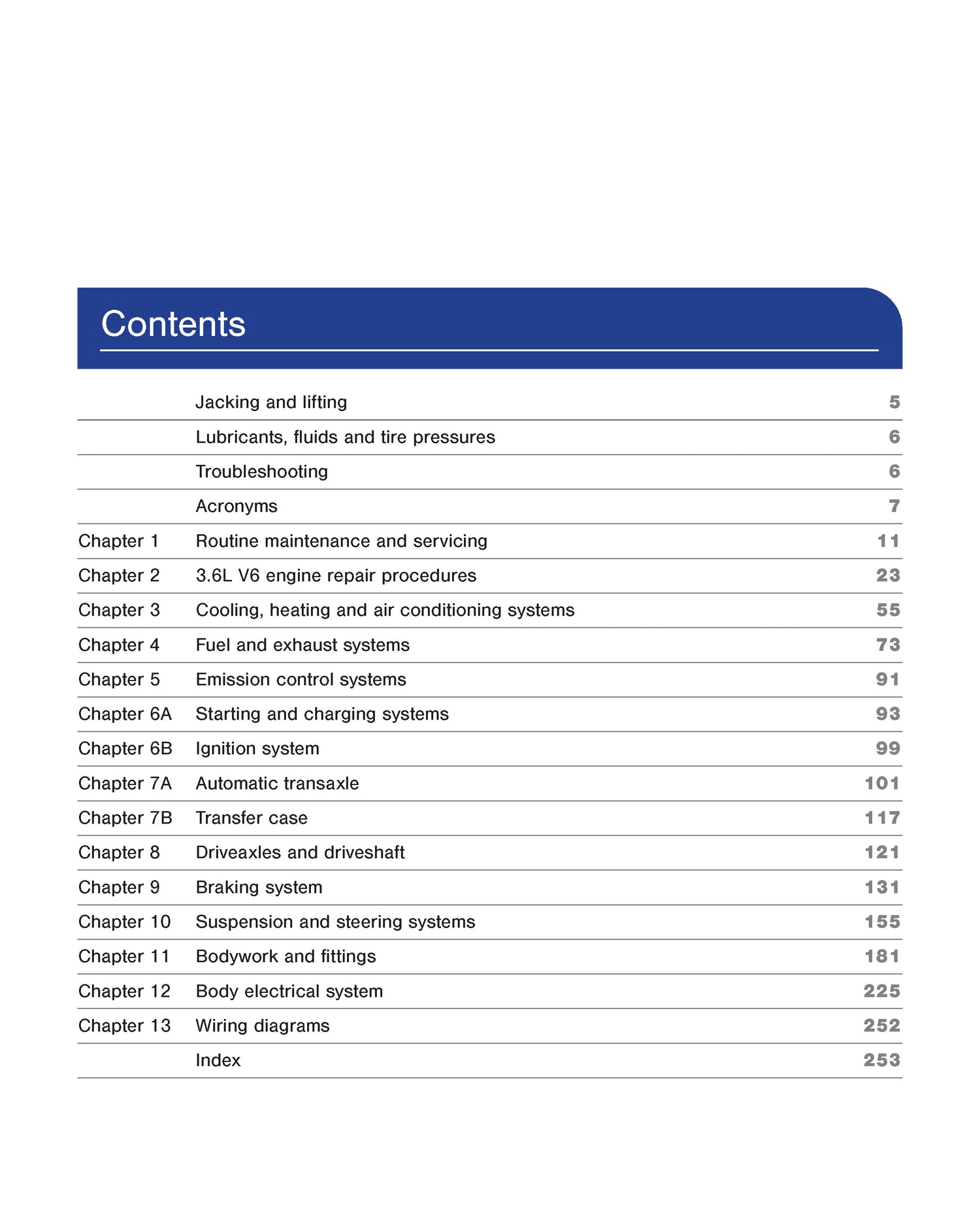 Table of contents for a automotive repair manual with chapter titles and page numbers. Haynes Repair Manual for Chevrolet Traverse 2018 to 2024