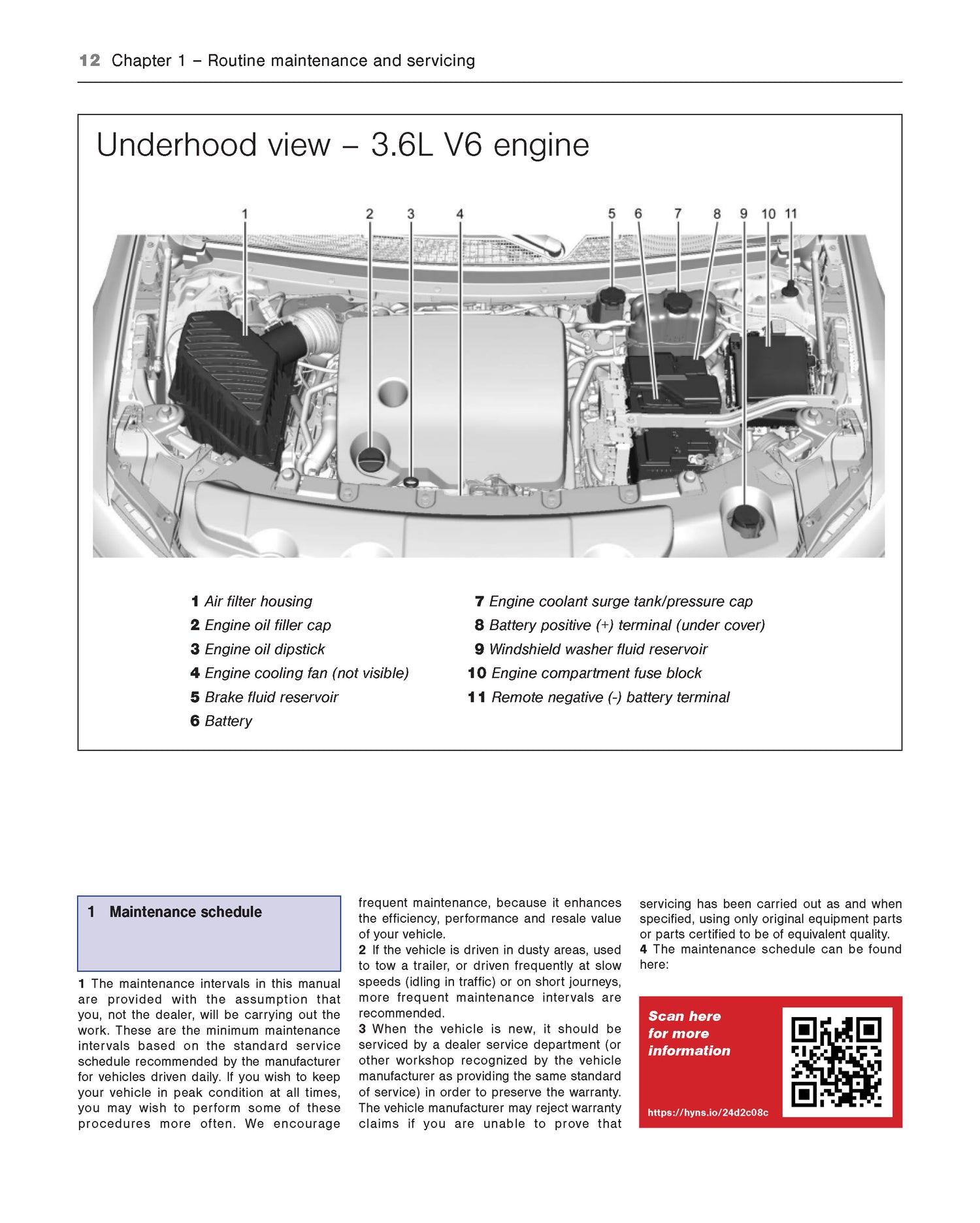 Diagram of a car's underhood view with labeled componentsin the Haynes Repair Manual for Chevrolet Traverse 2018 to 2024