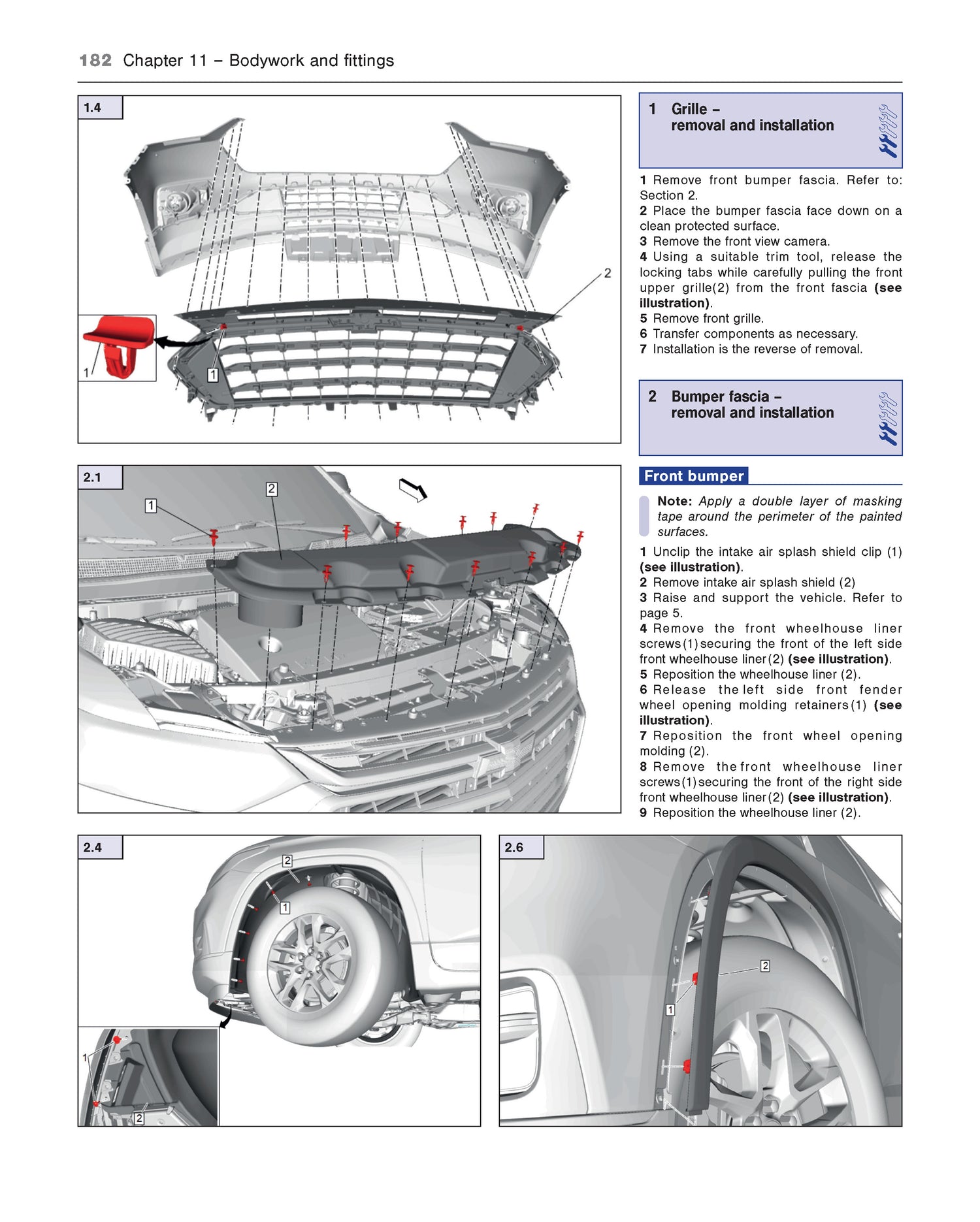 Technical illustrations of bodywork and fittings with text instructions in the Haynes Repair Manual for Chevrolet Traverse 2018 to 2024