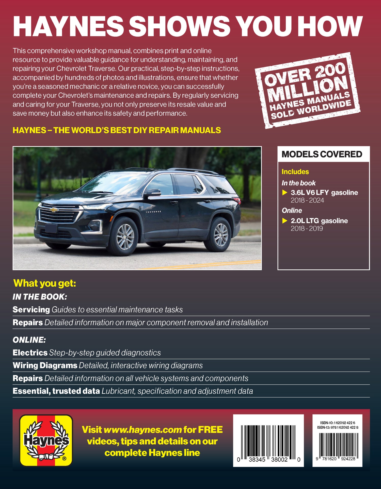 Back cover of a Haynes Repair Manual for Chevrolet Traverse 2018 to 2024 car repair manual with a Chevrolet SUV on the road.