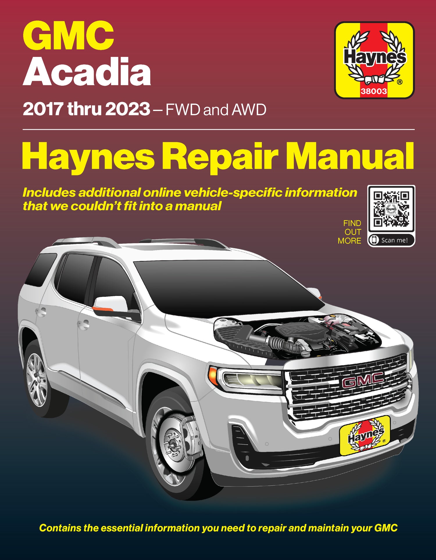 Haynes Repair Manual cover for GMC Acadia 2017 thru 2023 with a white SUV on a dark background
