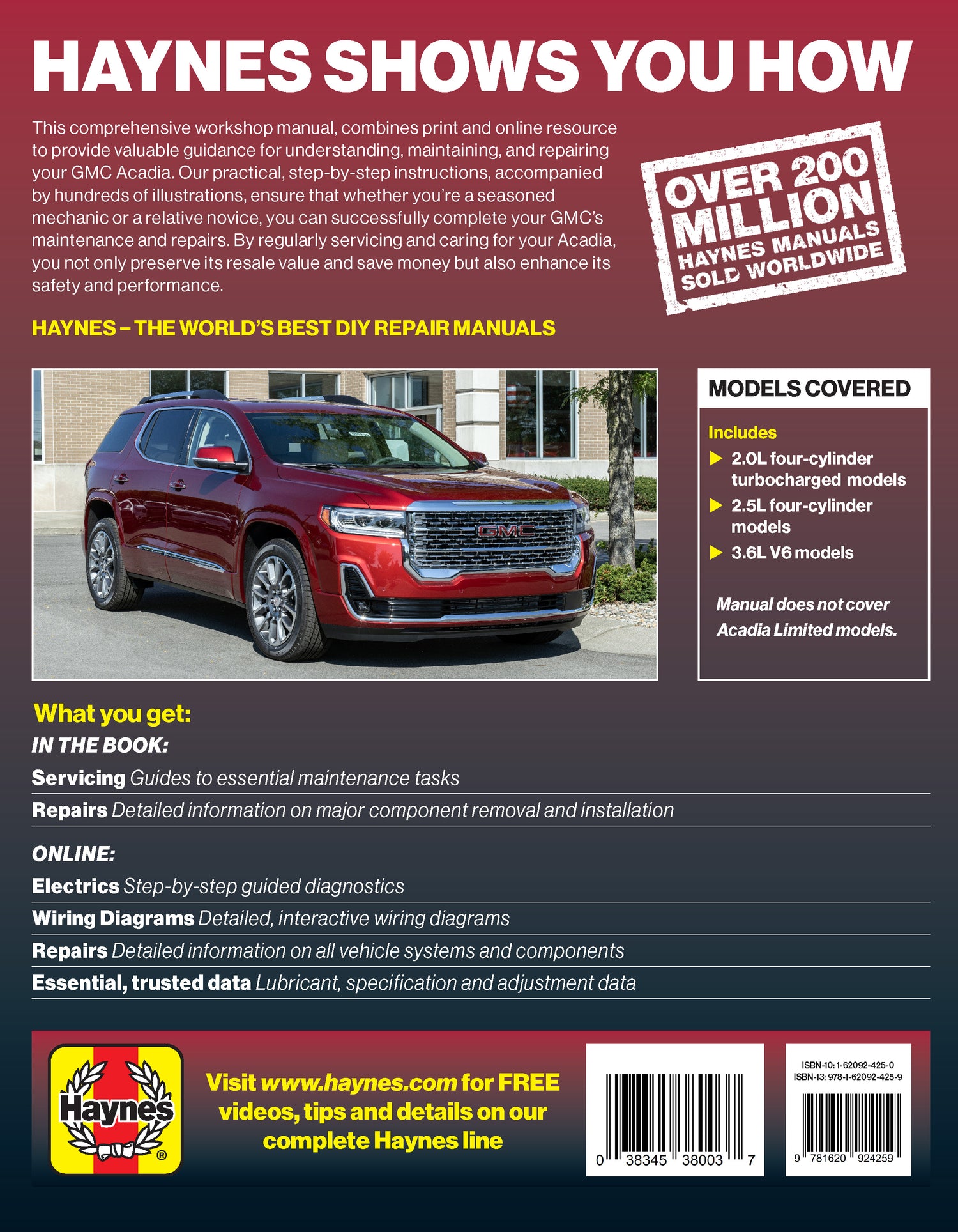 Back cover of a Haynes automotive repair manual with a red GMC Acadia on a white background. Haynes Repair Manual cover for GMC Acadia 2017 thru 2023