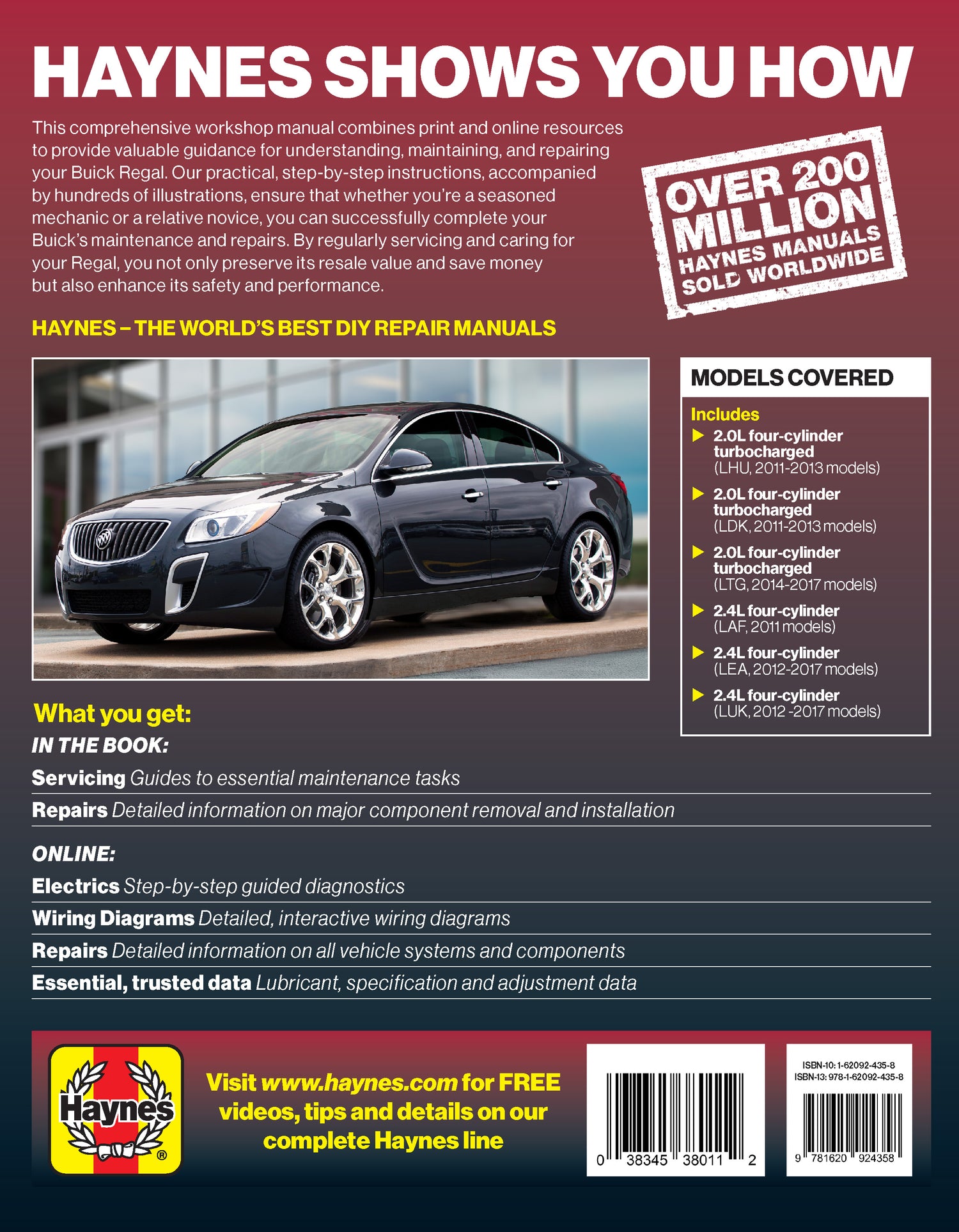 Back cover of a Haynes automotive repair manual with a car image and product details.