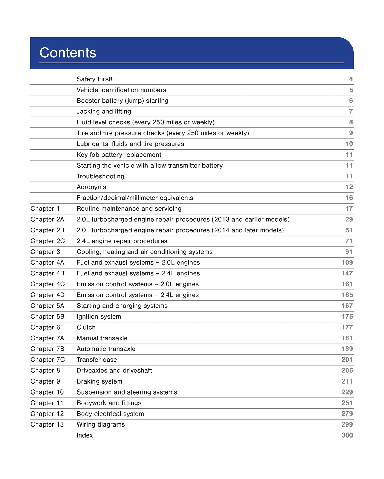 Table of contents for a vehicle maintenance manual on a white background