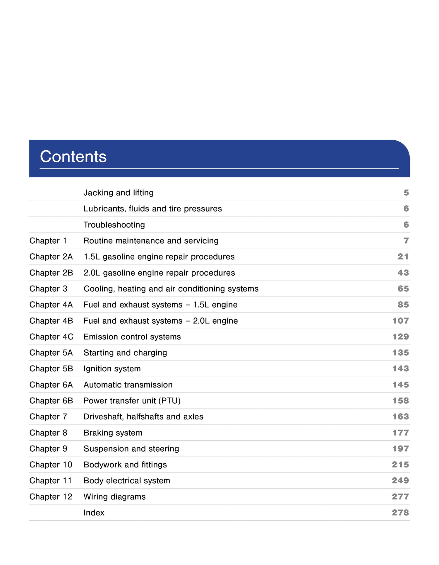 Table of contents for the Chevrolet Equinox manual