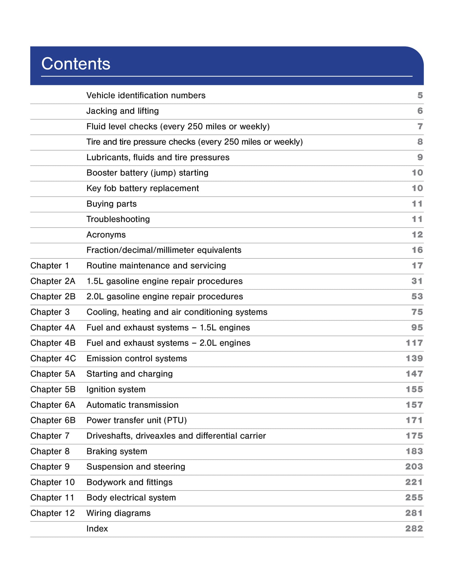 Table of contents for a vehicle maintenance manual on a white background