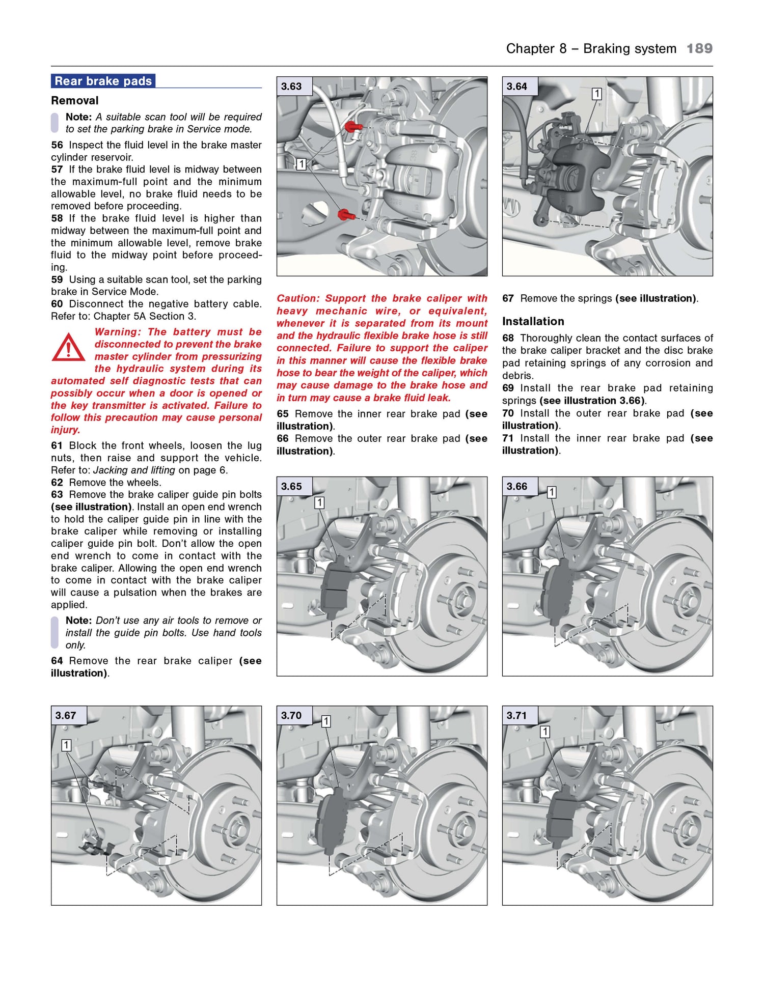 Technical diagram of a brake system removal process on a vehicle, with step-by-step instructions and illustrations.