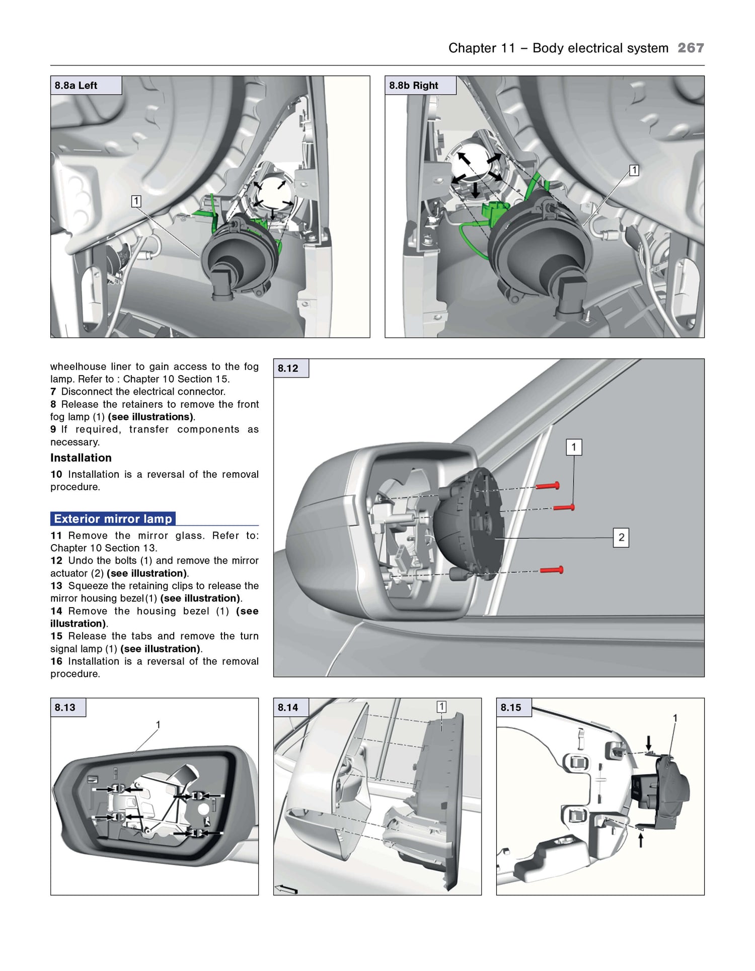 Technical diagram of a car's exterior mirror assembly with labeled parts and steps.