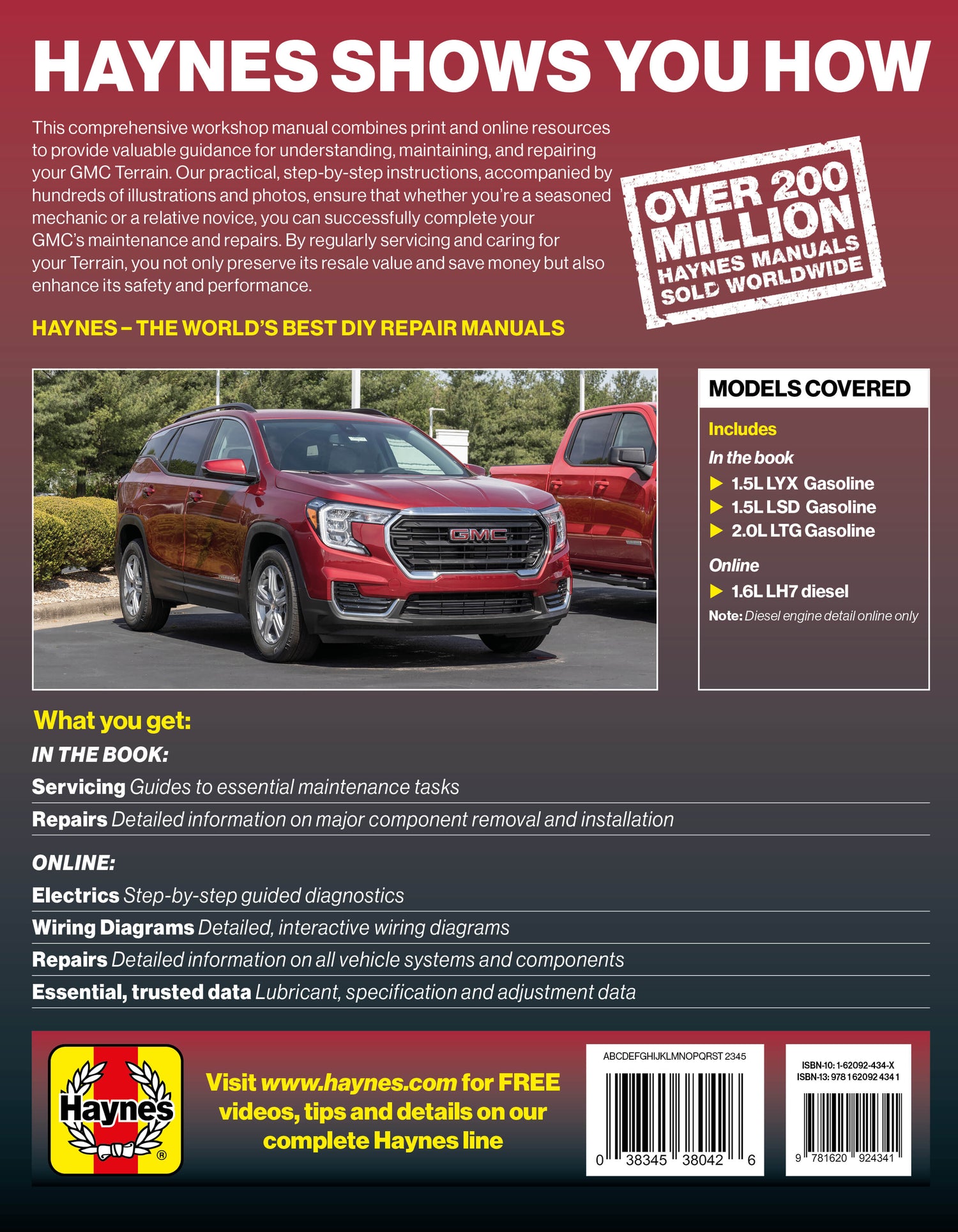 Back cover of a Haynes automotive repair manual with text and images of a red SUV.
