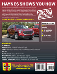 Back cover of a Haynes automotive repair manual with text and images of a red SUV.