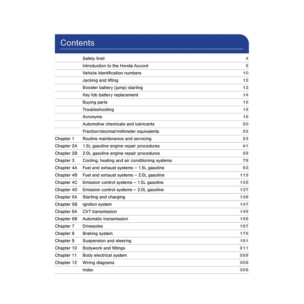 A printed table of contents page from a Honda service manual, showing chapter titles and page numbers under the heading 'Contents' on a white background.