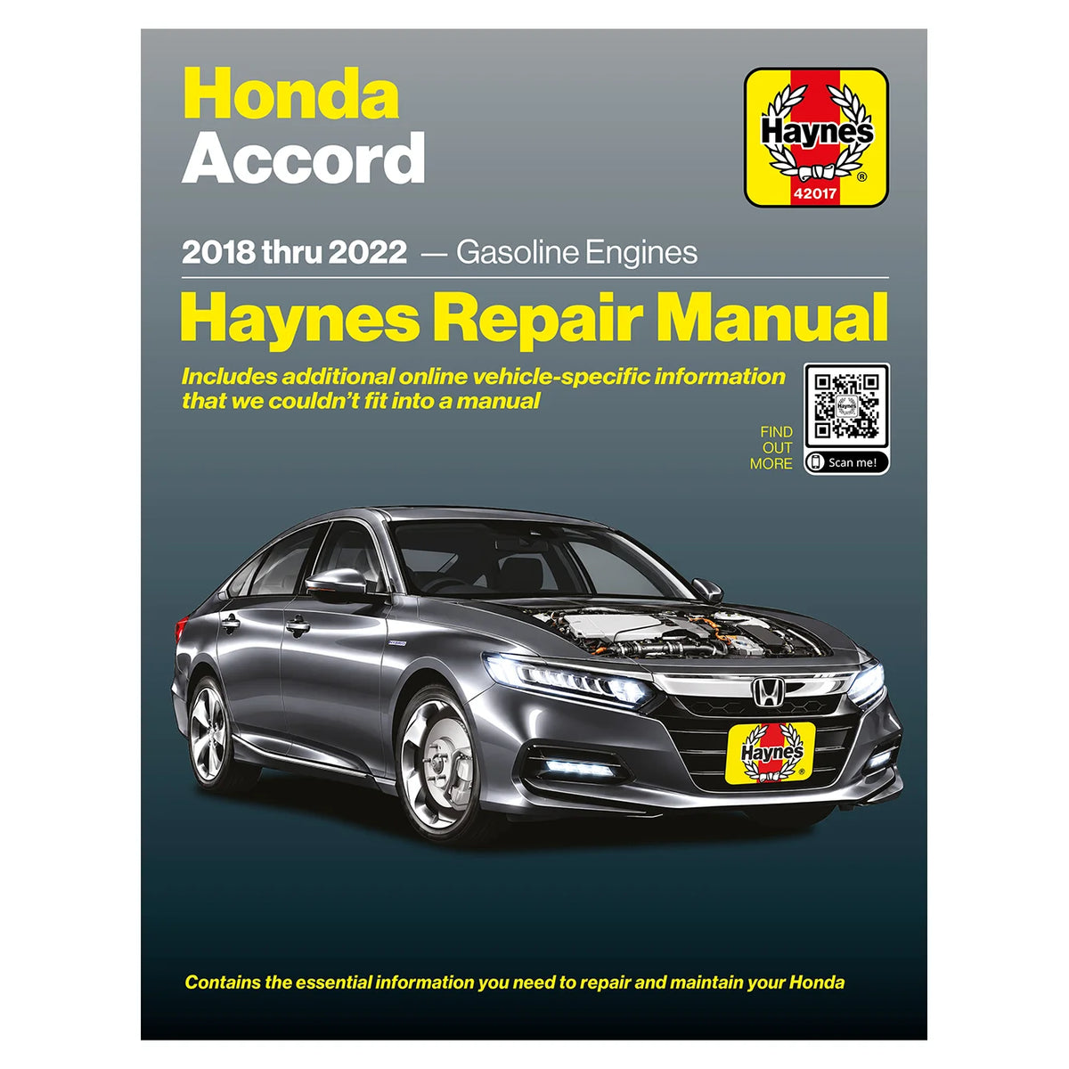 Haynes Repair Manual cover for a Honda Accord 2018 thru 2022 gasoline engine, featuring a gray car with its hood open on a dark gradient background with yellow and white text.
