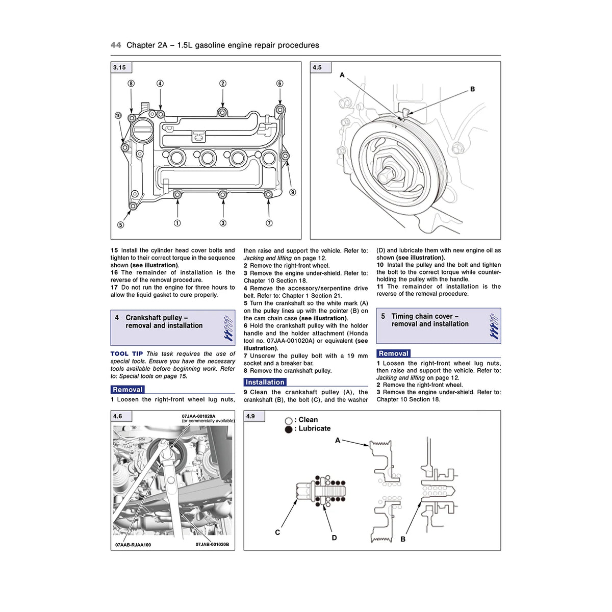 A printed page from a repair manual showing step-by-step instructions and technical diagrams for a gasoline engine, with labeled parts, numbered callouts, and small assembly views on a white page.