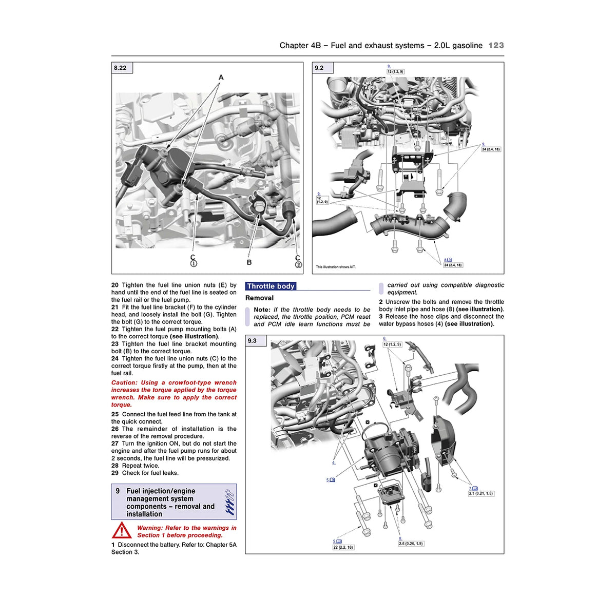 A printed page from an automotive service manual showing schematic diagrams and numbered steps for removing and installing the fuel line and injector components on a motorcycle engine.